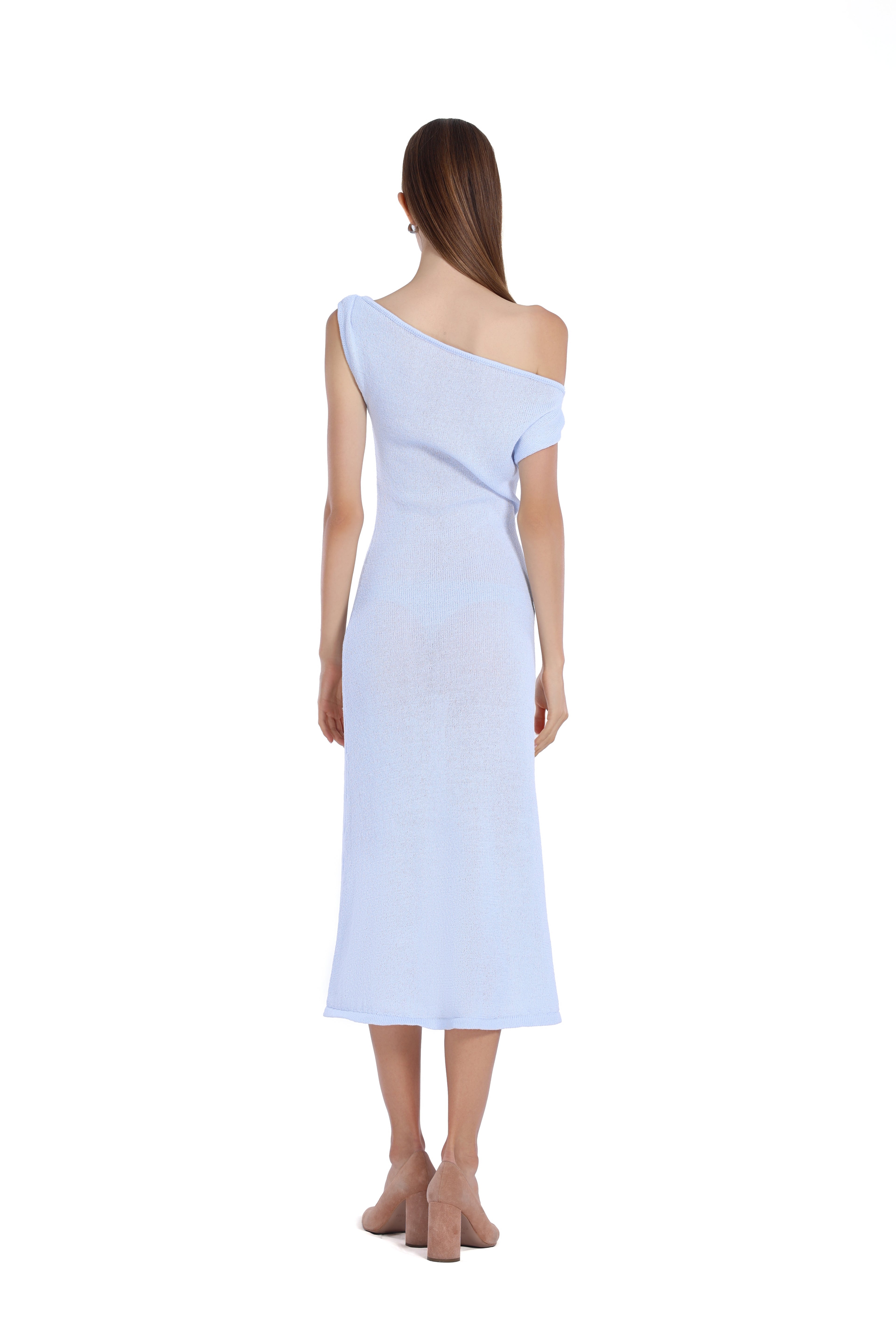One - Shoulder Slim Fit Elegant Light Blue Midi Knit Dress