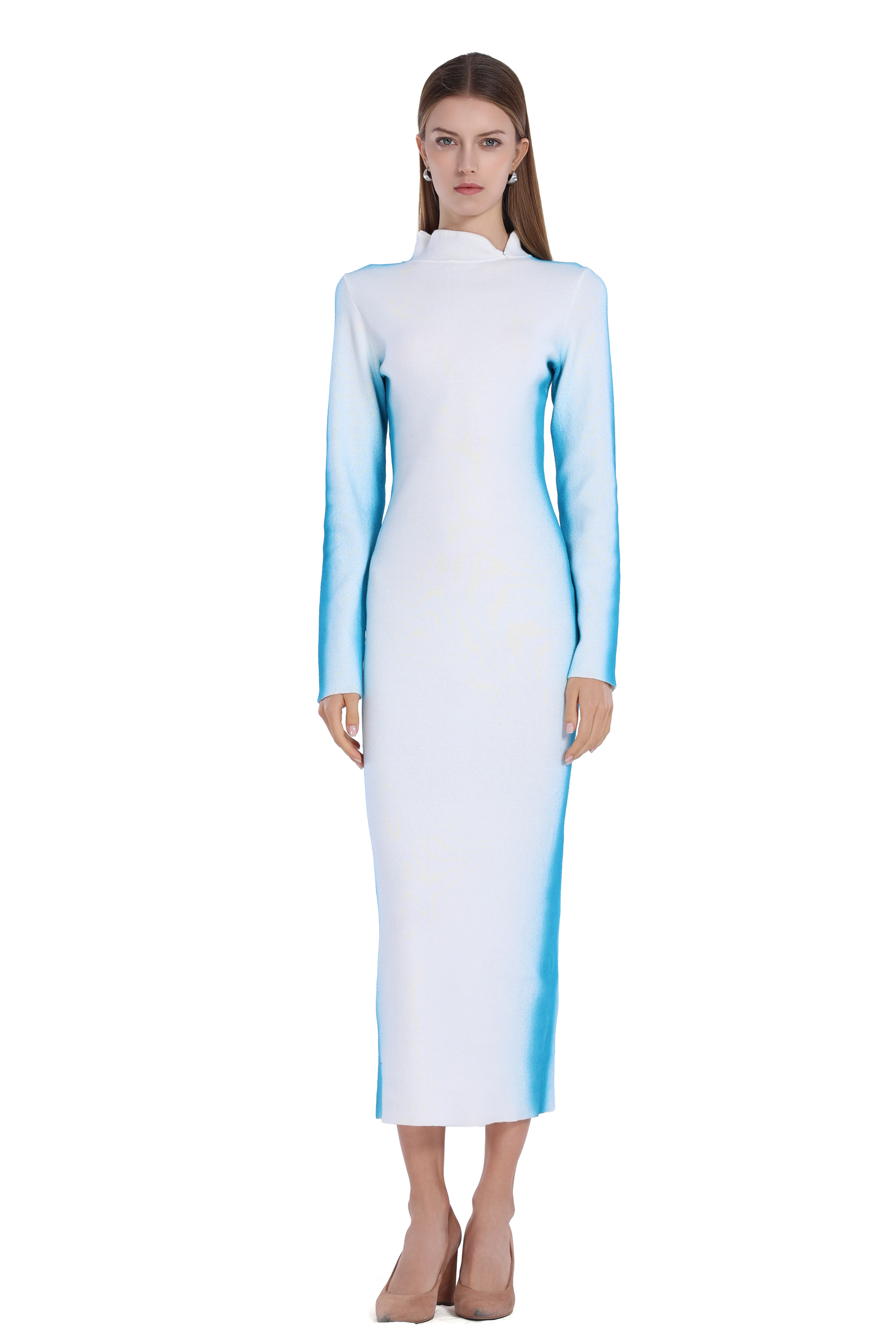 Stand Collar Long Sleeve White Gradient Blue Bodycon Knitted Midi Dress