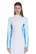 Stand Collar Long Sleeve White Gradient Blue Bodycon Knitted Midi Dress