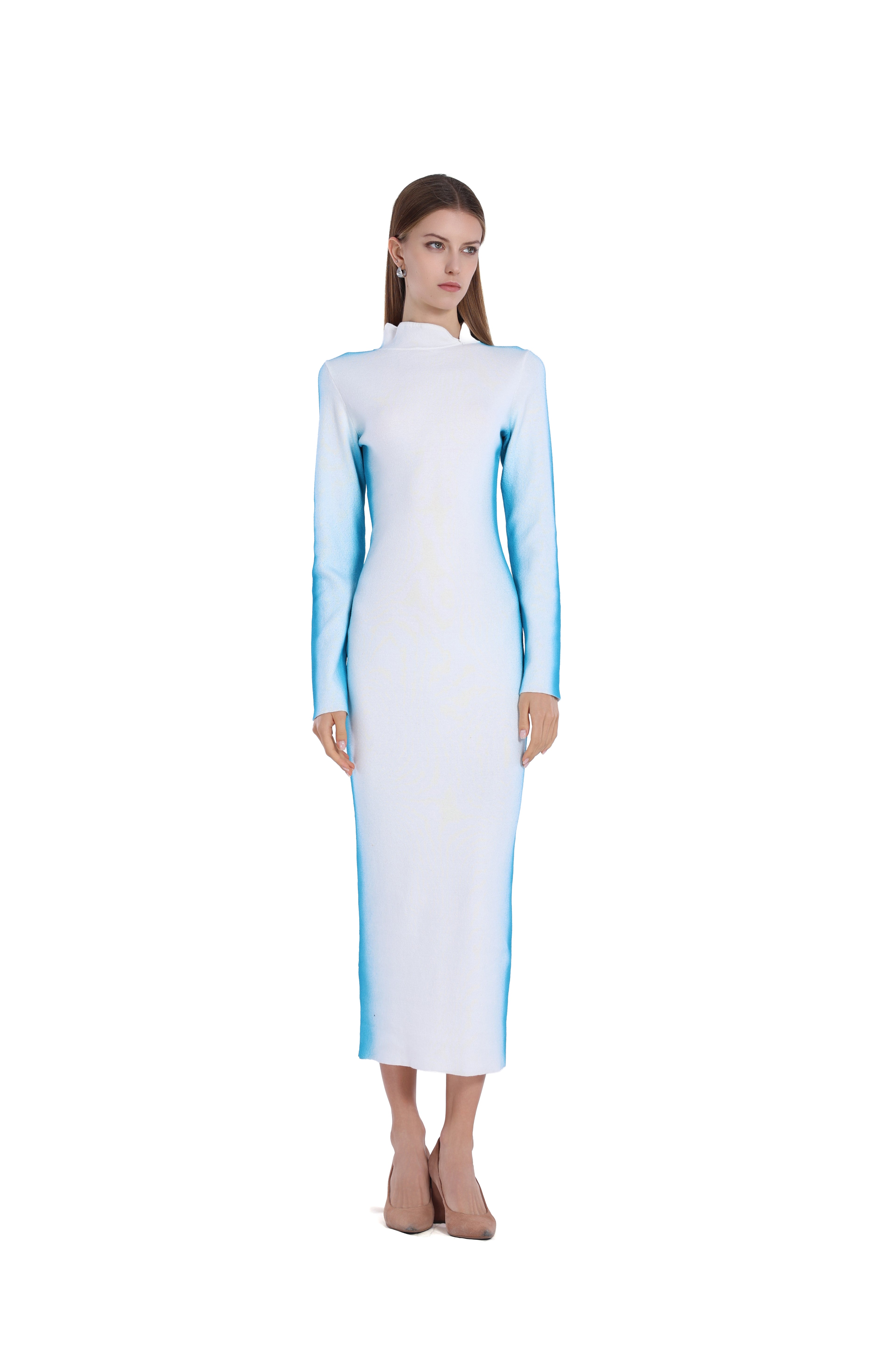 Stand Collar Long Sleeve White Gradient Blue Bodycon Knitted Midi Dress