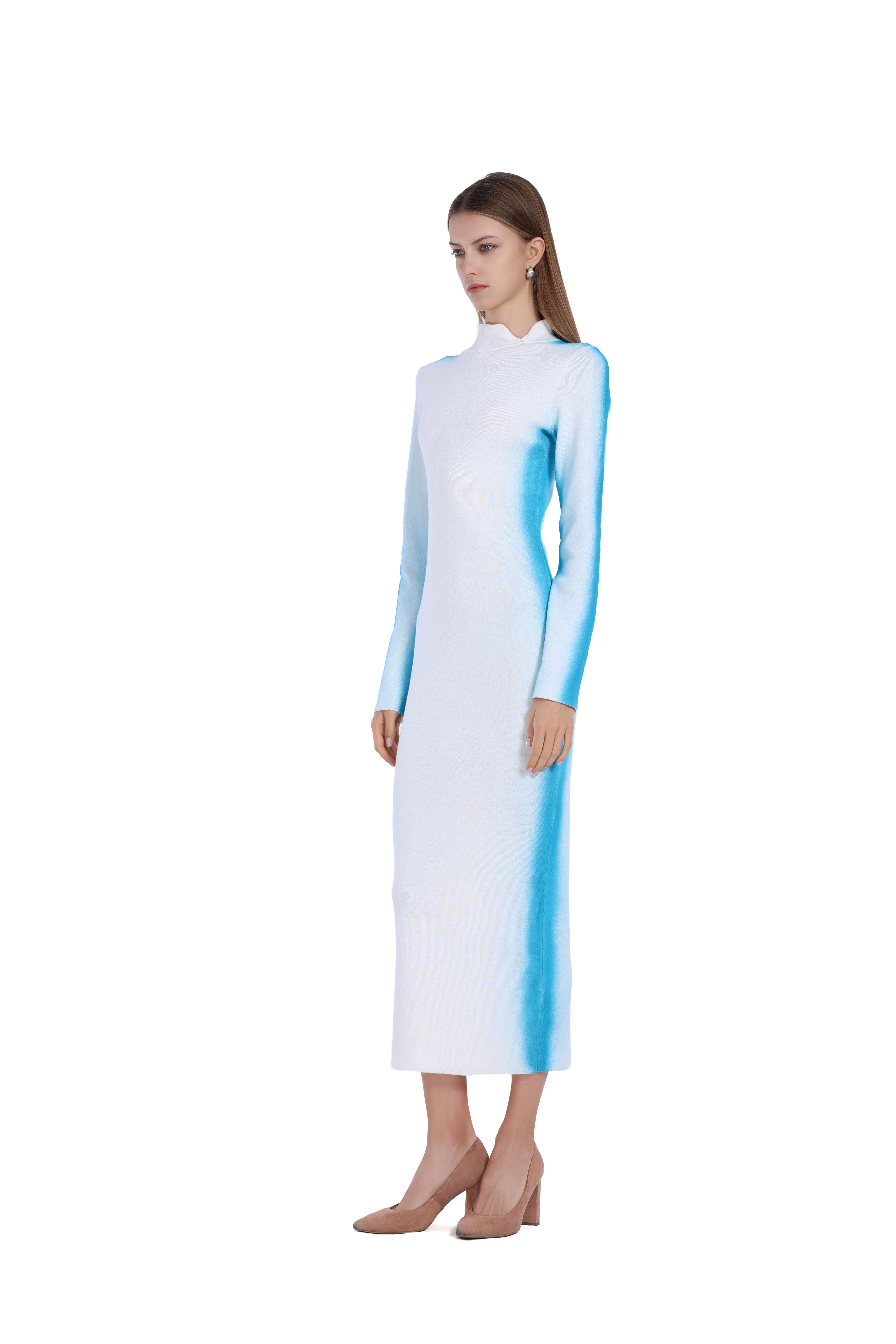Stand Collar Long Sleeve White Gradient Blue Bodycon Knitted Midi Dress