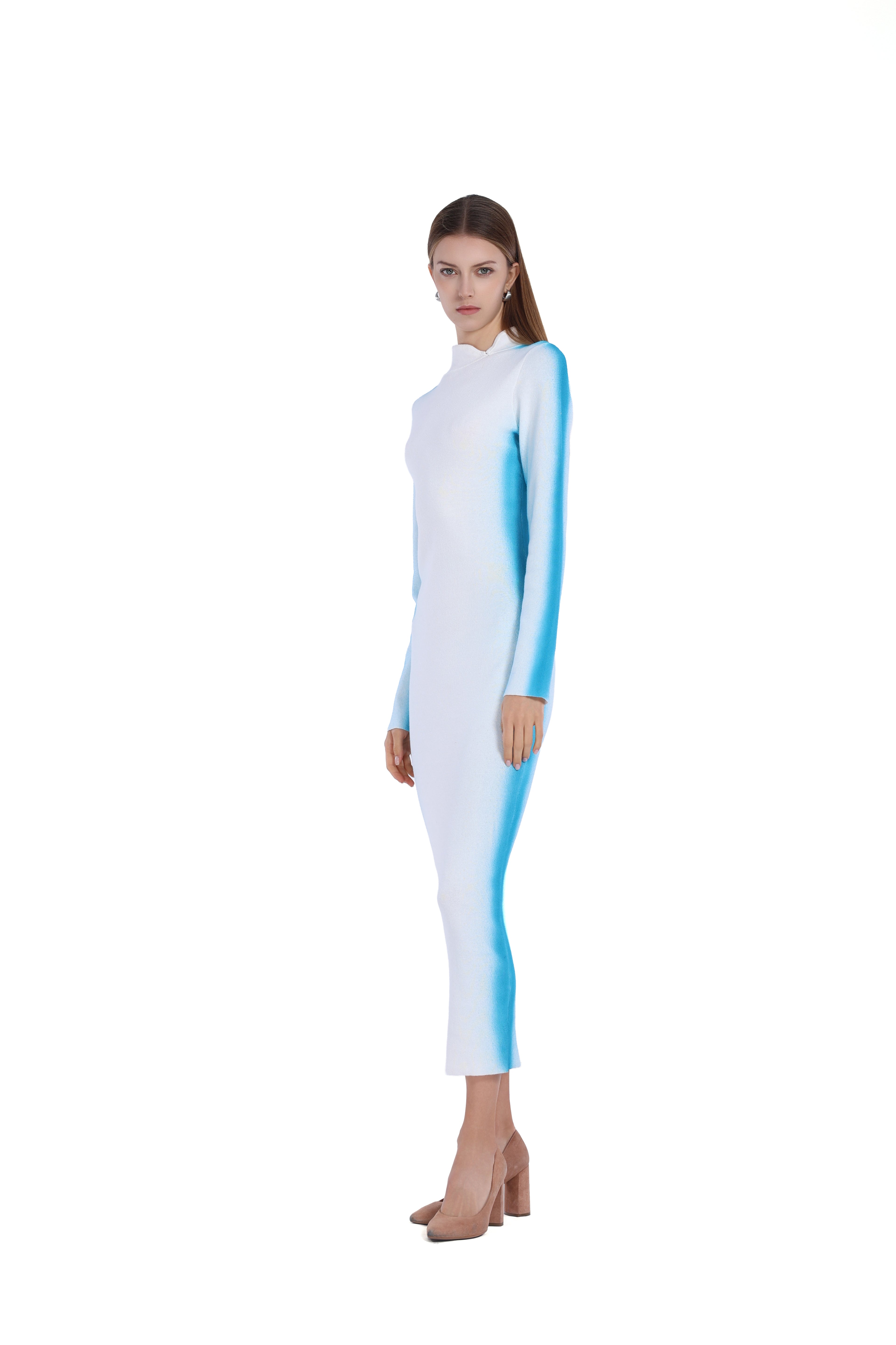 Stand Collar Long Sleeve White Gradient Blue Bodycon Knitted Midi Dress