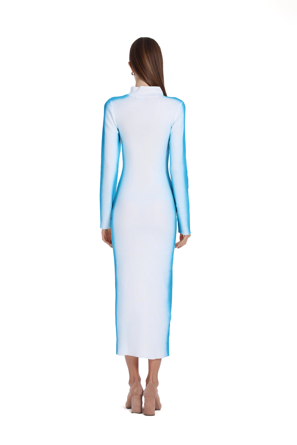 Stand Collar Long Sleeve White Gradient Blue Bodycon Knitted Midi Dress