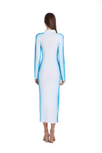 Stand Collar Long Sleeve White Gradient Blue Bodycon Knitted Midi Dress