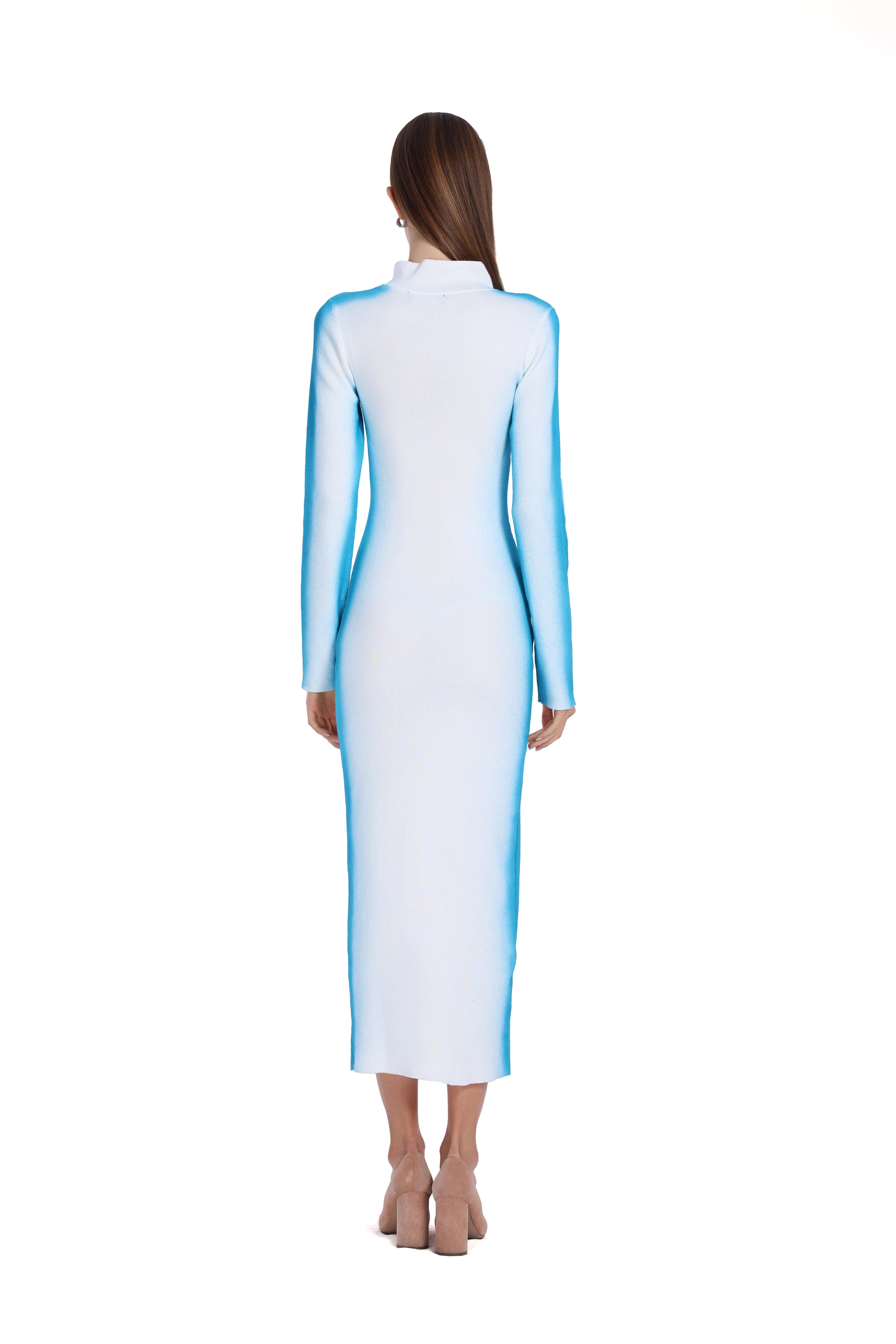 Stand Collar Long Sleeve White Gradient Blue Bodycon Knitted Midi Dress