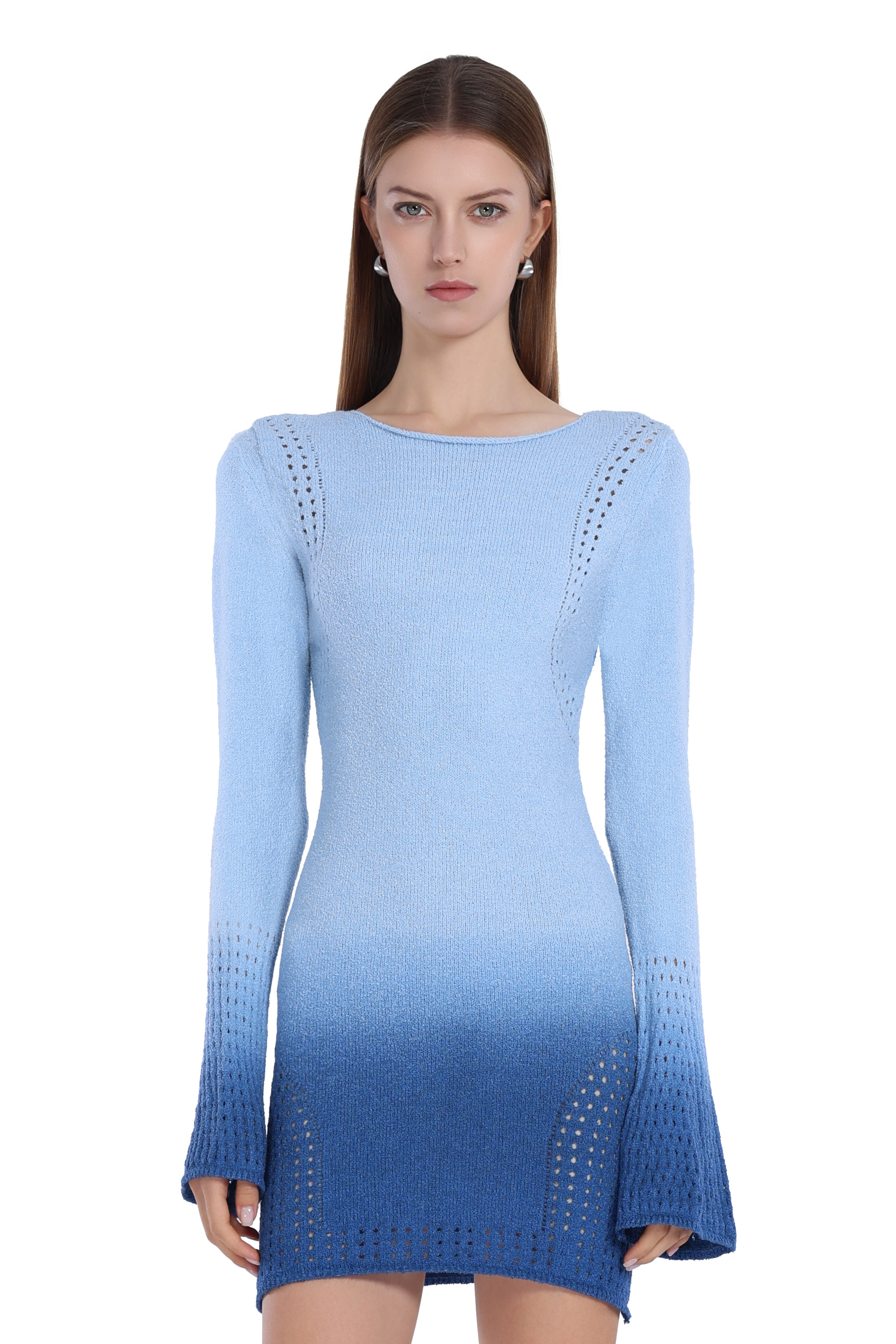 Hollow - Out Flared Sleeves Gradient Blue Mini Knitted Dress