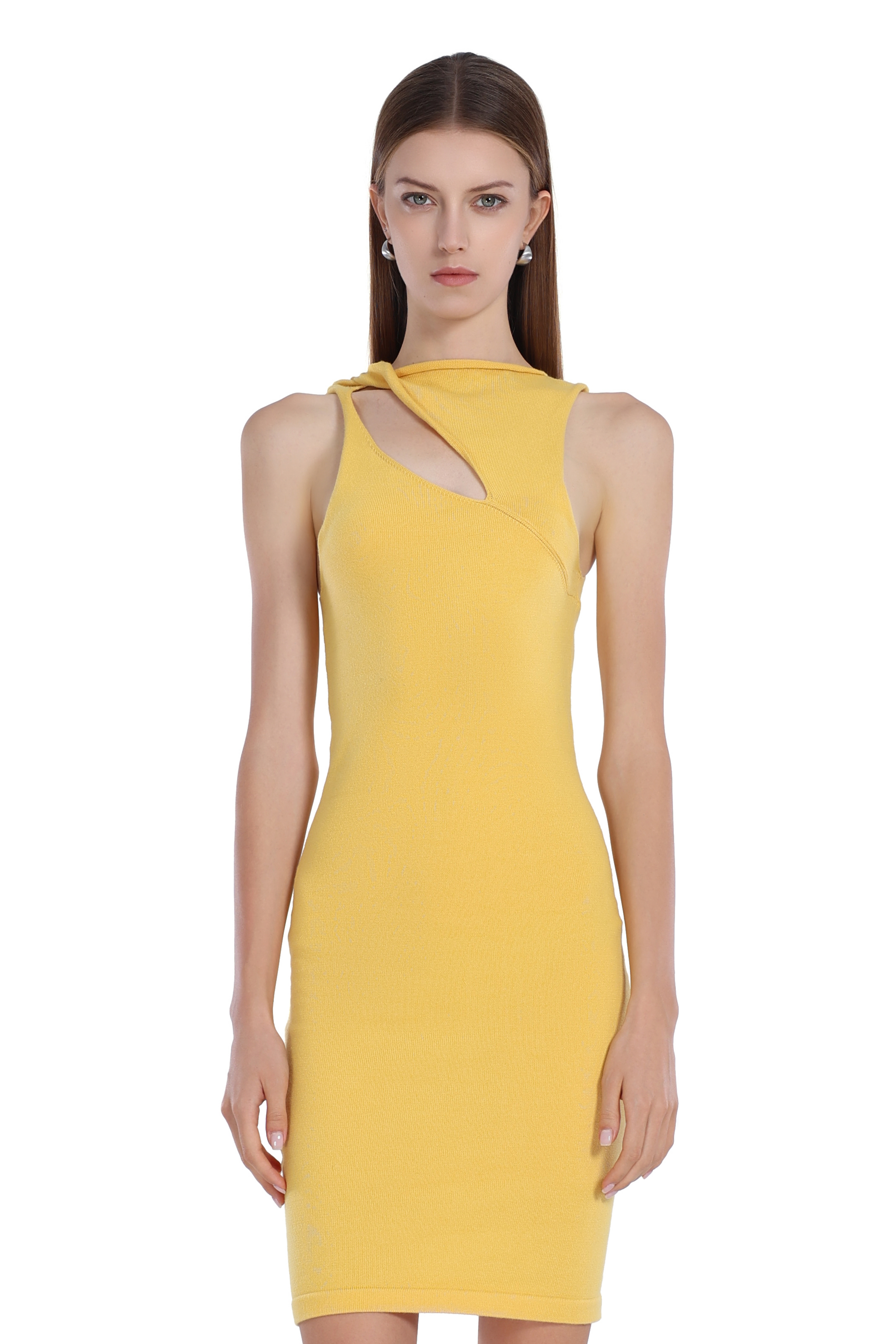 Crew Neck Sleeveless Asymmetric Cut-out Bodycon Knitted Mini Dress
