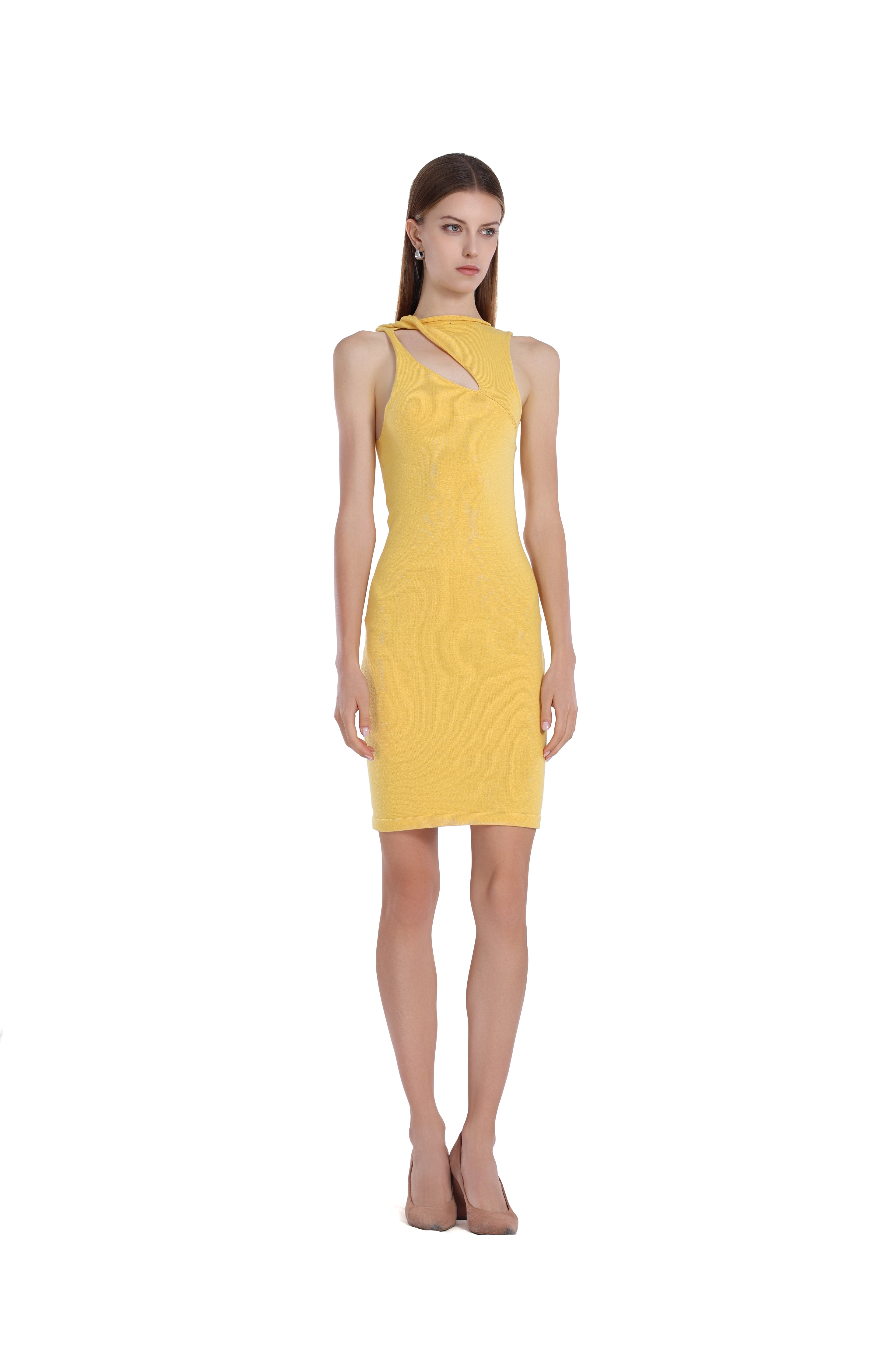 Crew Neck Sleeveless Asymmetric Cut-out Bodycon Knitted Mini Dress