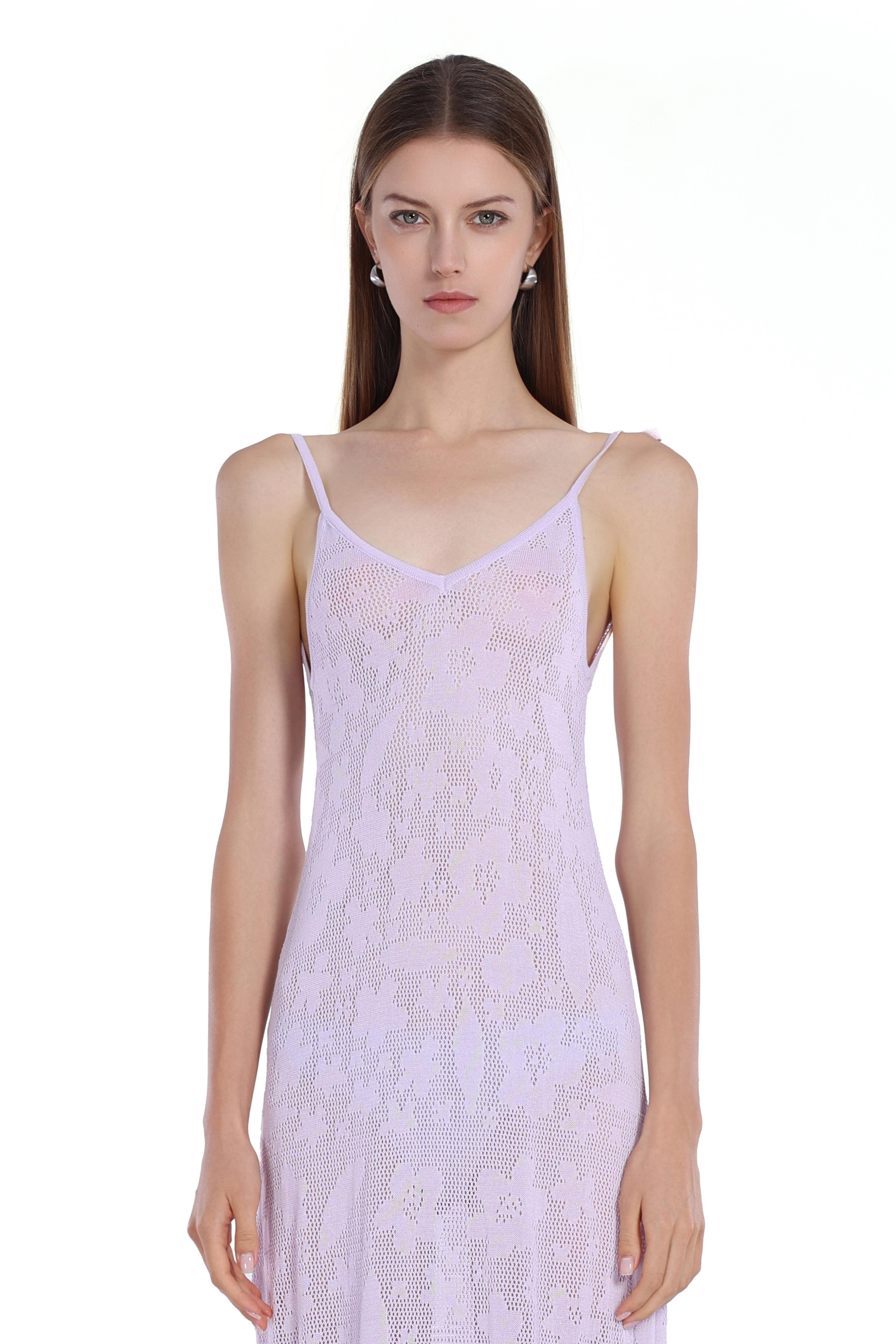 Spaghetti Strap Low Back Sleeveless Hollow-out Floral Knitted Dress