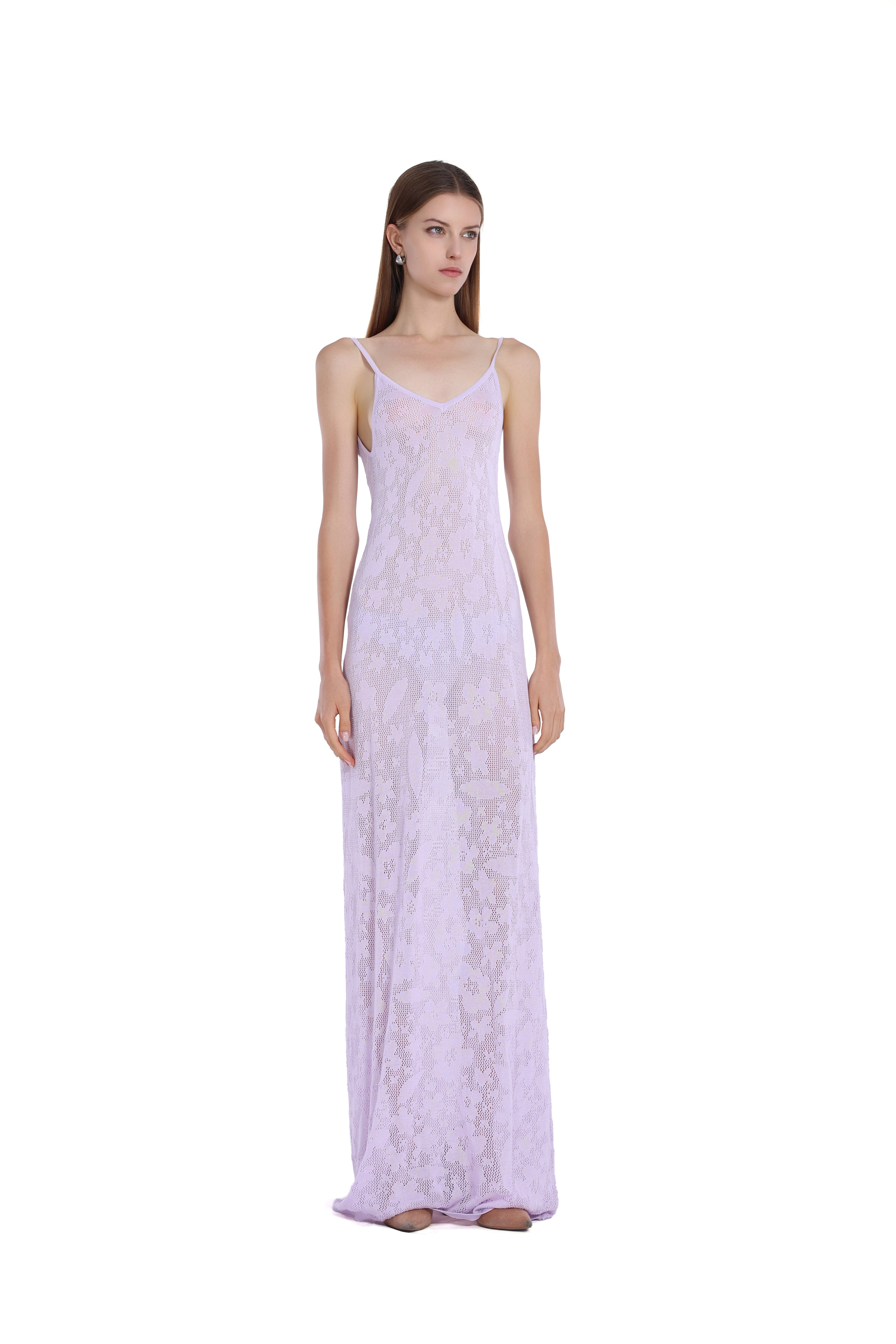 Spaghetti Strap Low Back Sleeveless Hollow-out Floral Knitted Dress