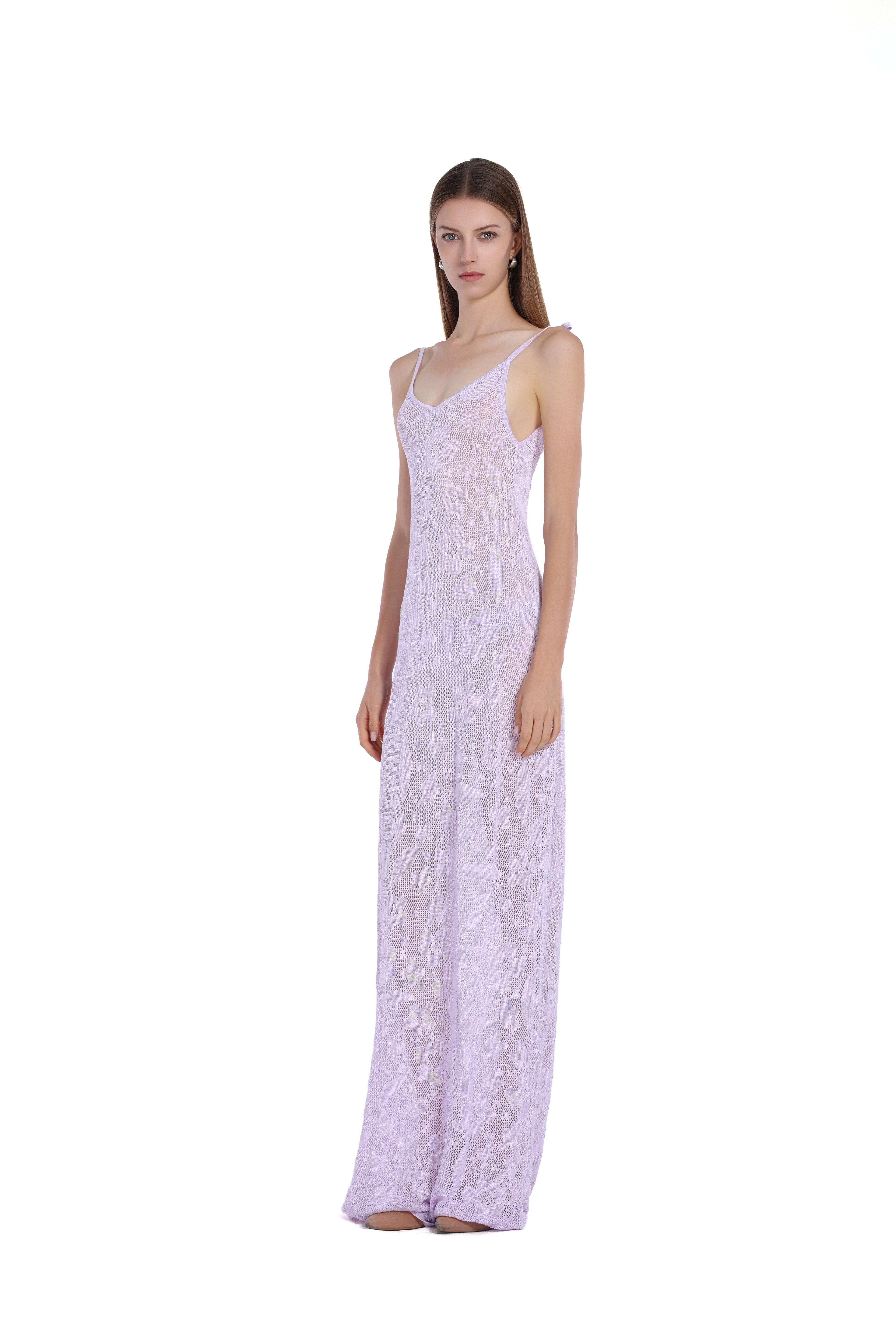 Spaghetti Strap Low Back Sleeveless Hollow-out Floral Knitted Dress