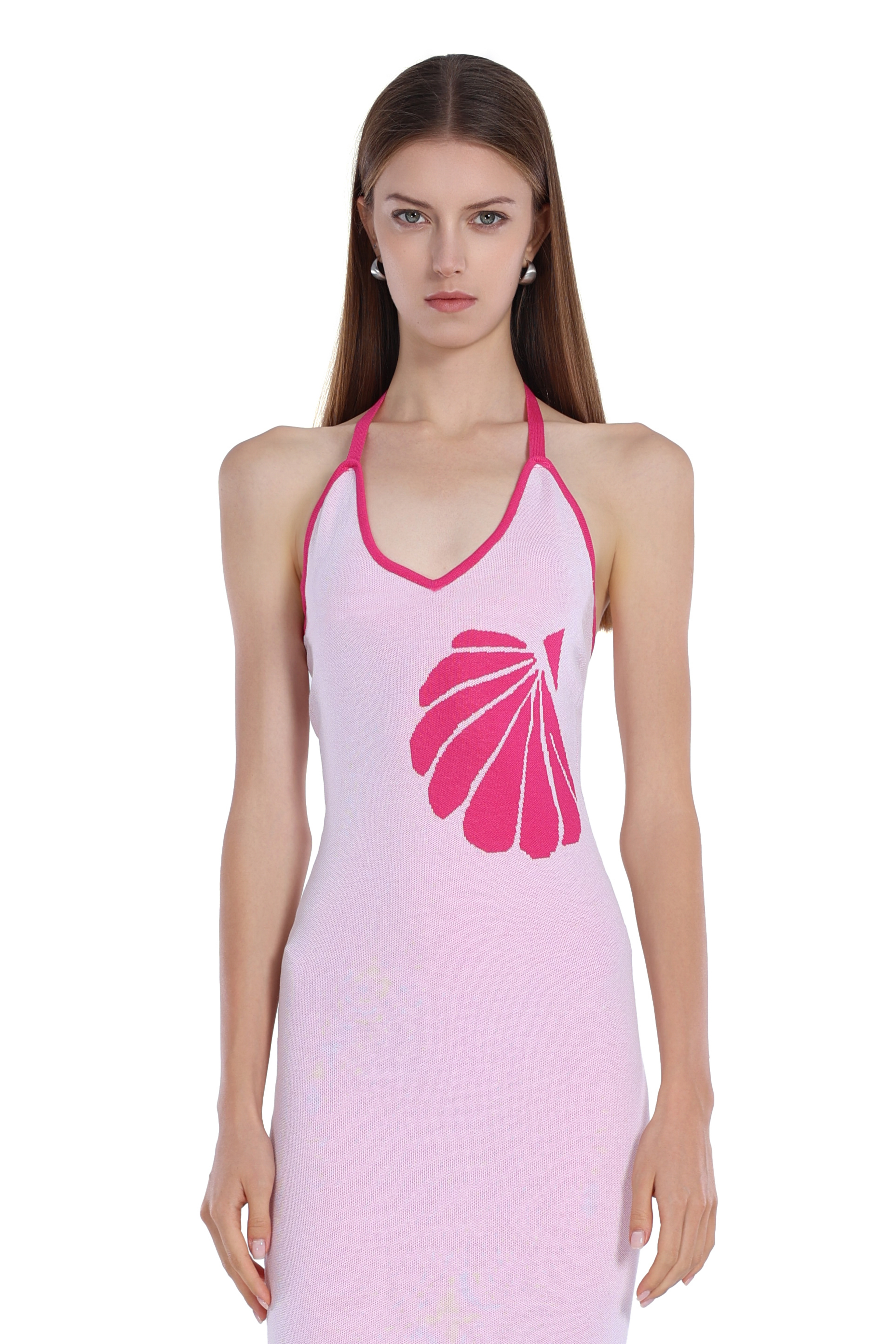 Halter V-neck Sleeveless Scallop Print Contrast Trim Bodycon Dress