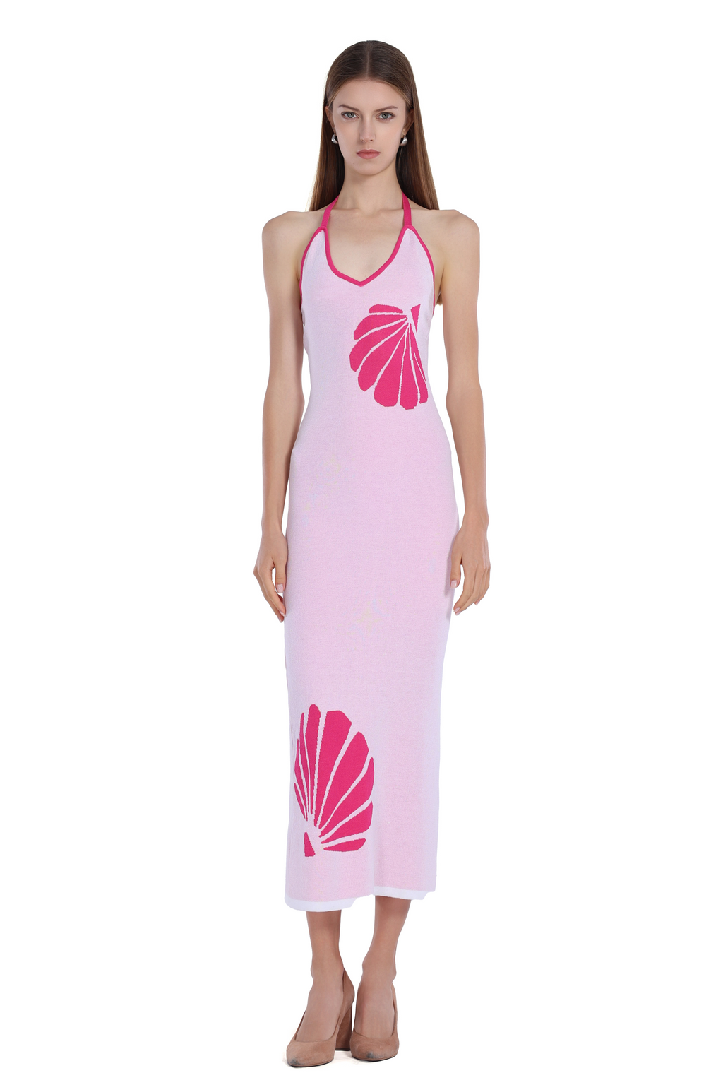 Halter V-neck Sleeveless Scallop Print Contrast Trim Bodycon Dress