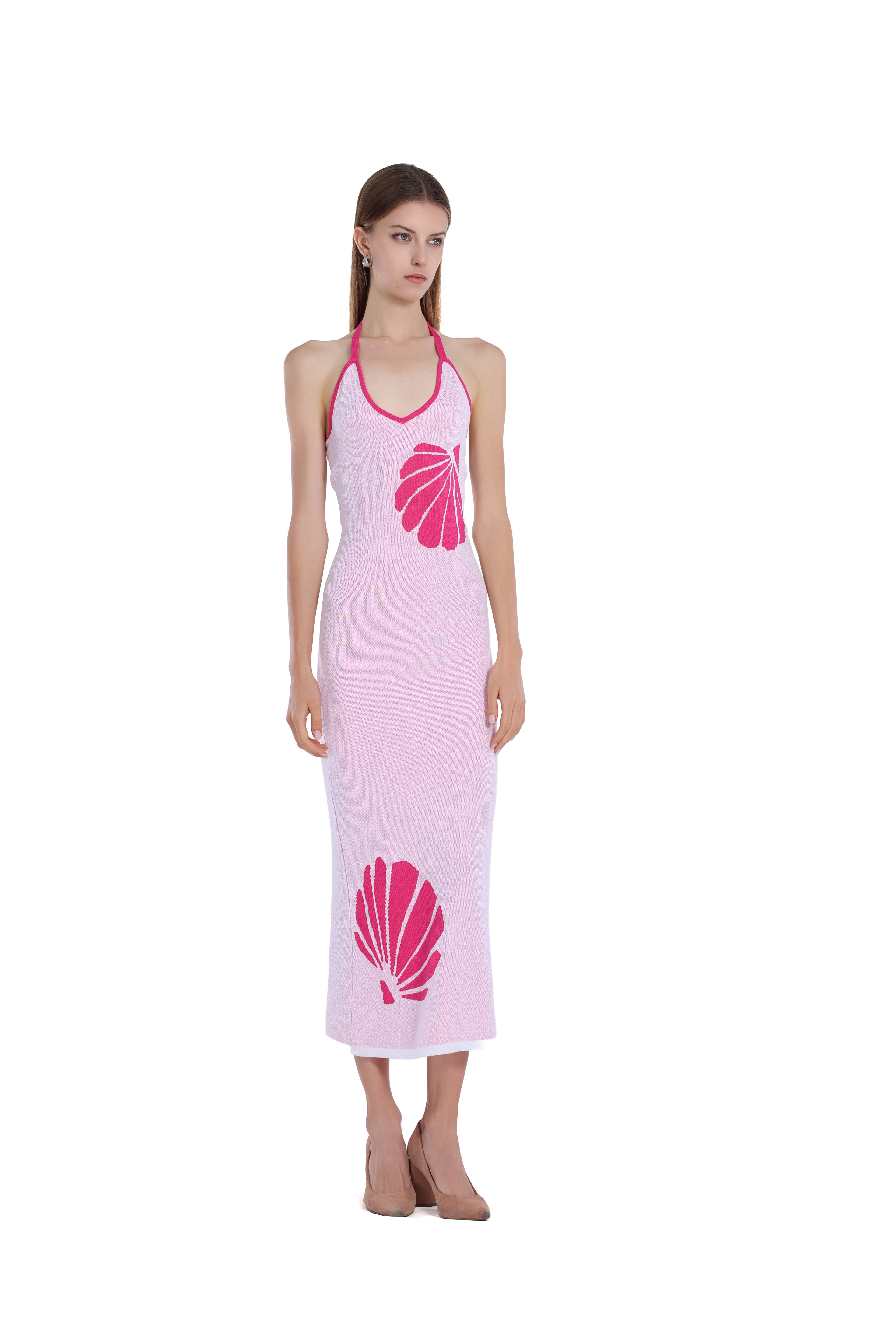 Halter V-neck Sleeveless Scallop Print Contrast Trim Bodycon Dress