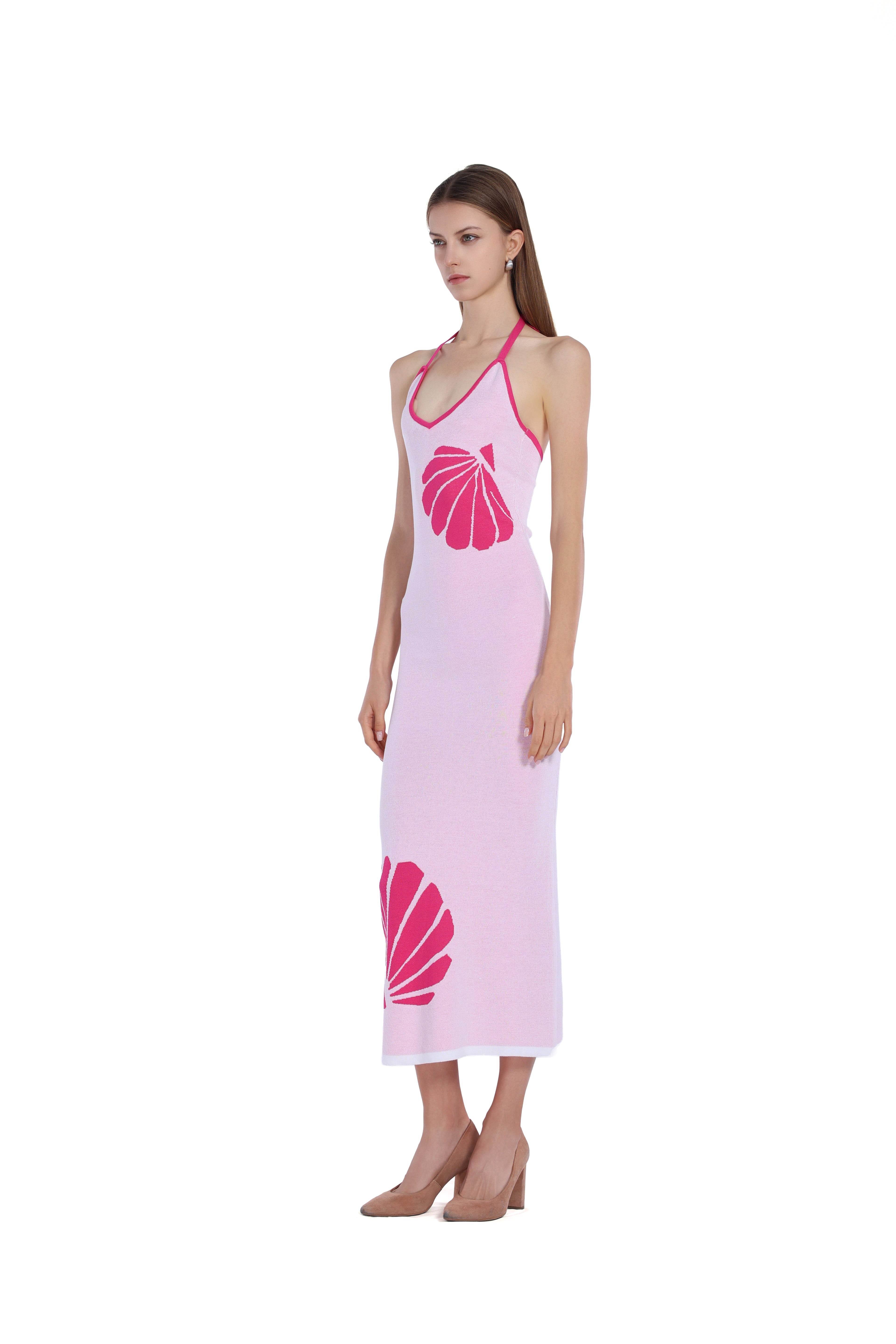 Halter V-neck Sleeveless Scallop Print Contrast Trim Bodycon Dress