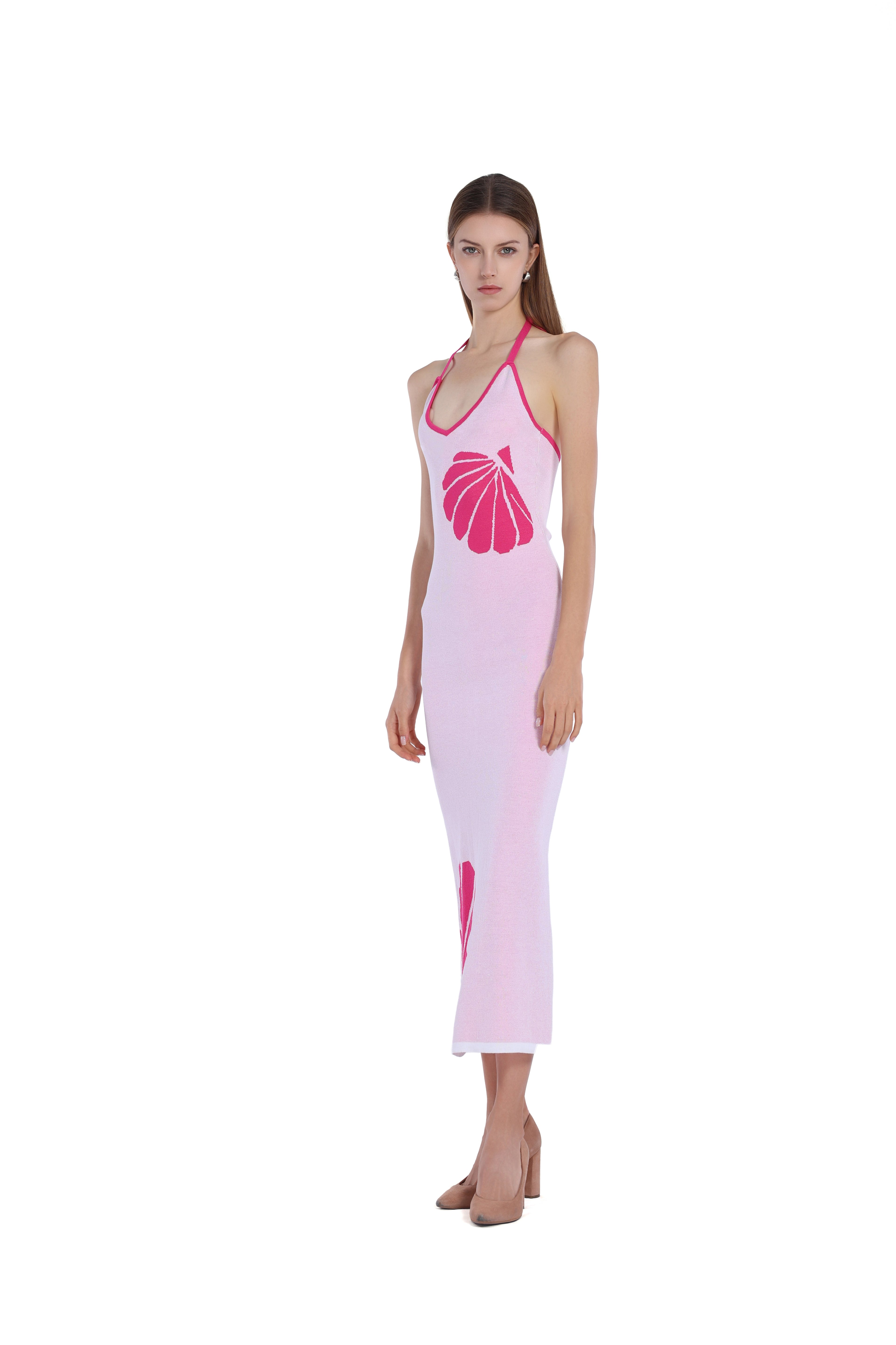 Halter V-neck Sleeveless Scallop Print Contrast Trim Bodycon Dress