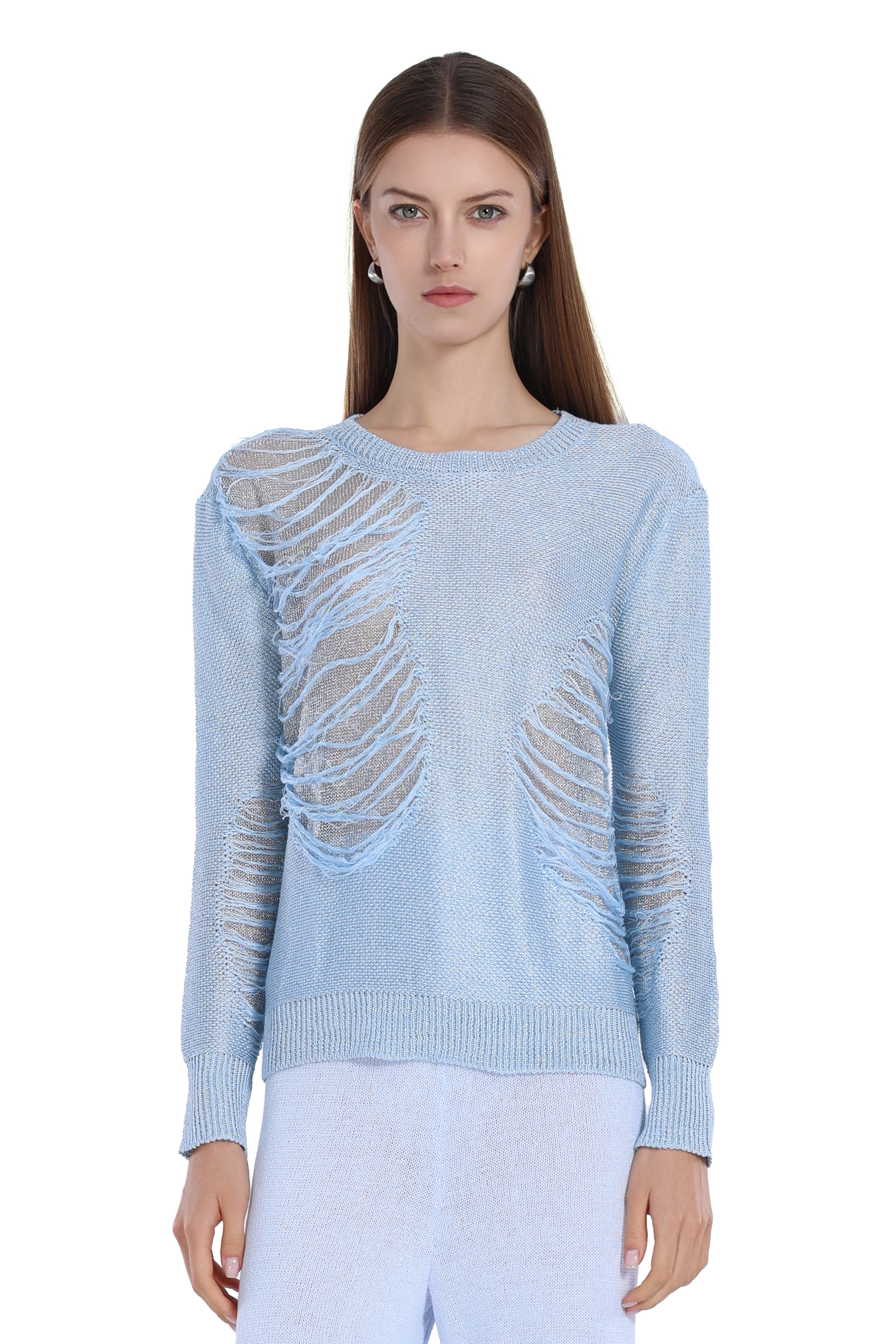 Ripped Detail Crew Neck Long Sleeve Knitted Top
