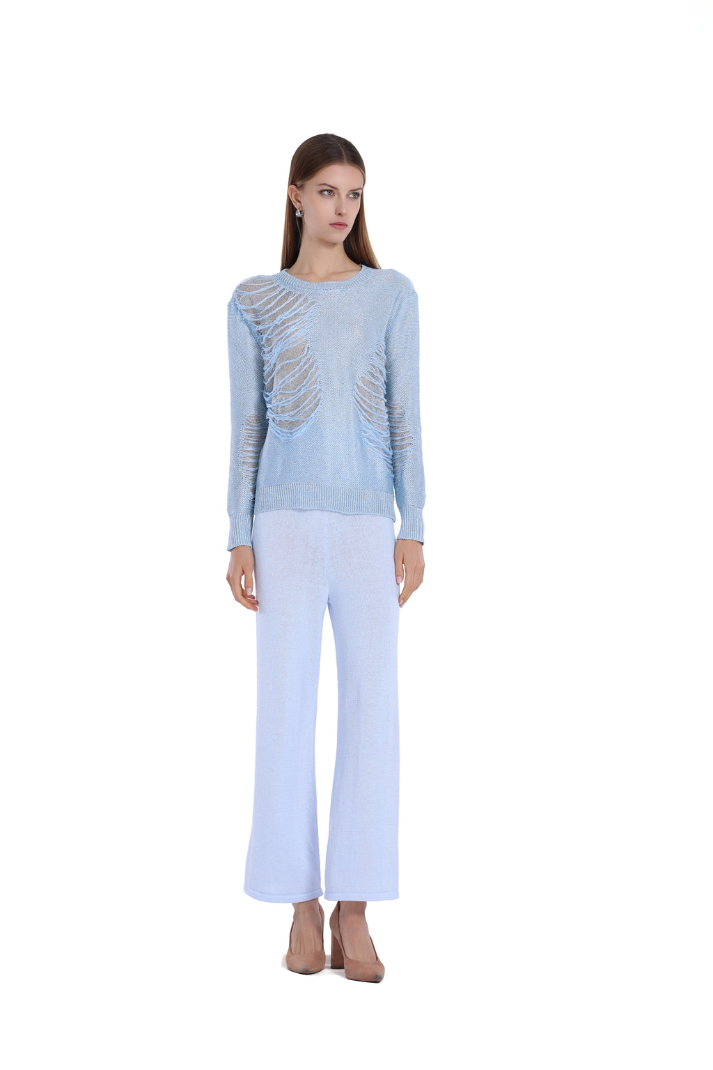Ripped Detail Crew Neck Long Sleeve Knitted Top