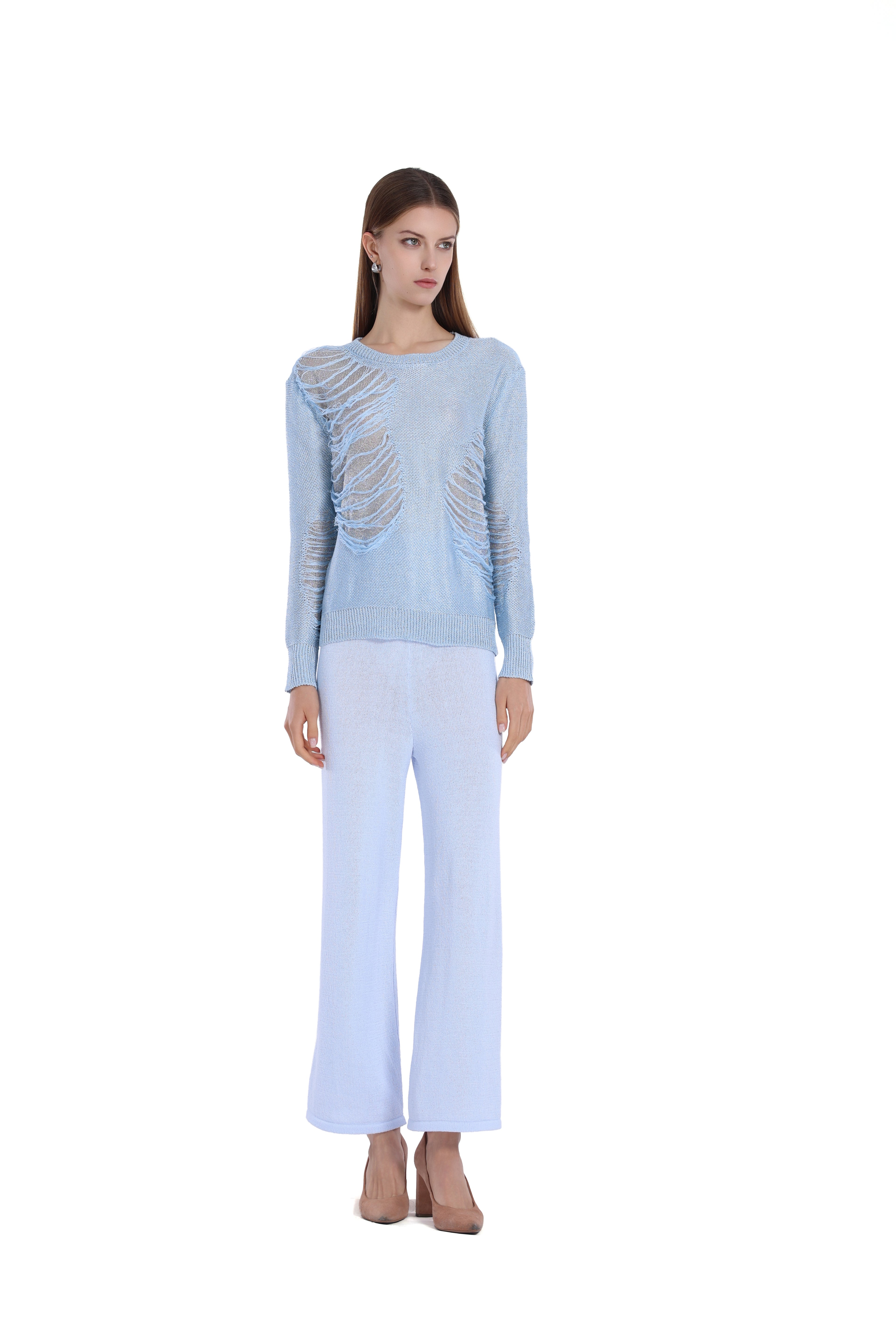 Ripped Detail Crew Neck Long Sleeve Knitted Top