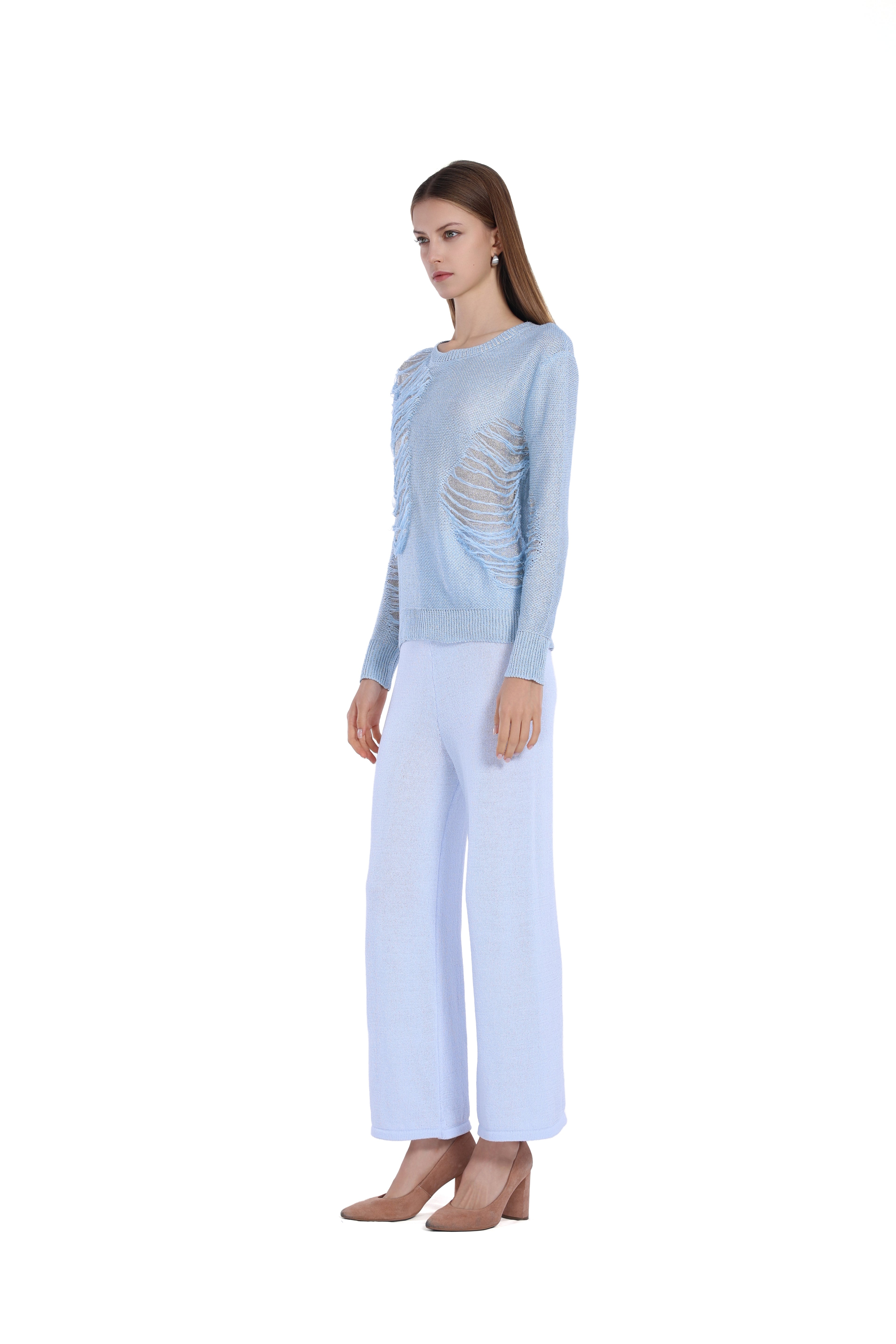 Ripped Detail Crew Neck Long Sleeve Knitted Top