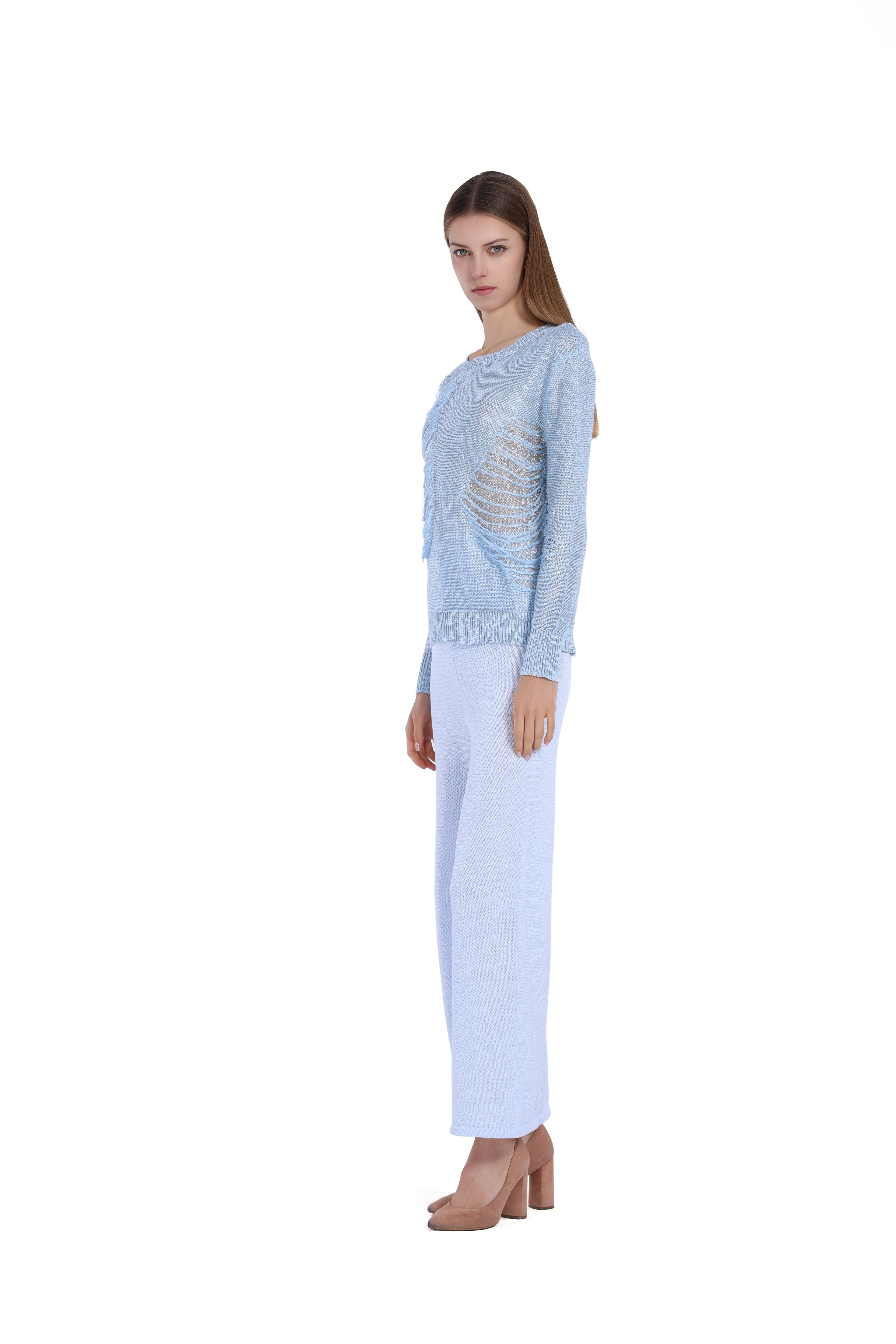 Ripped Detail Crew Neck Long Sleeve Knitted Top