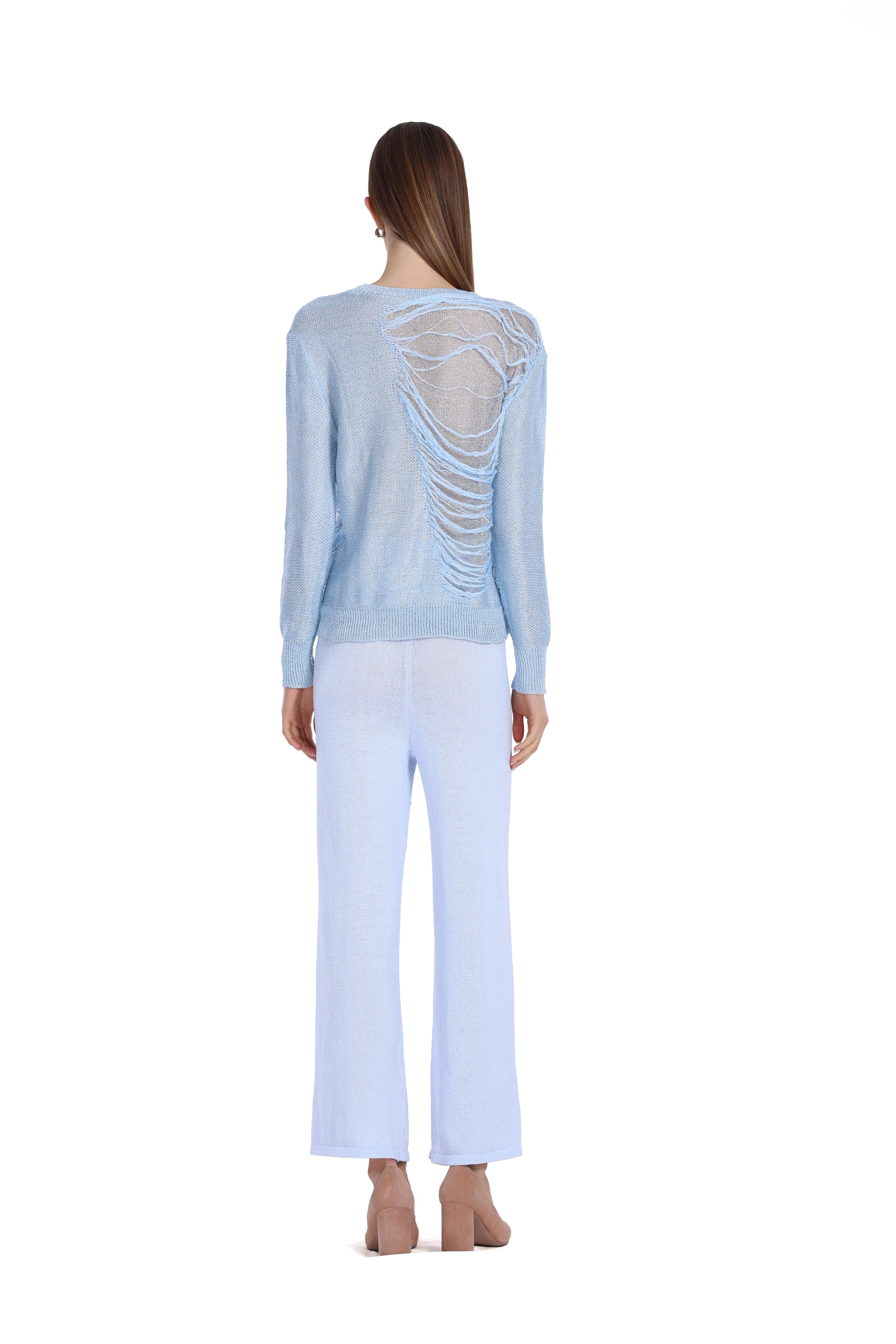 Ripped Detail Crew Neck Long Sleeve Knitted Top