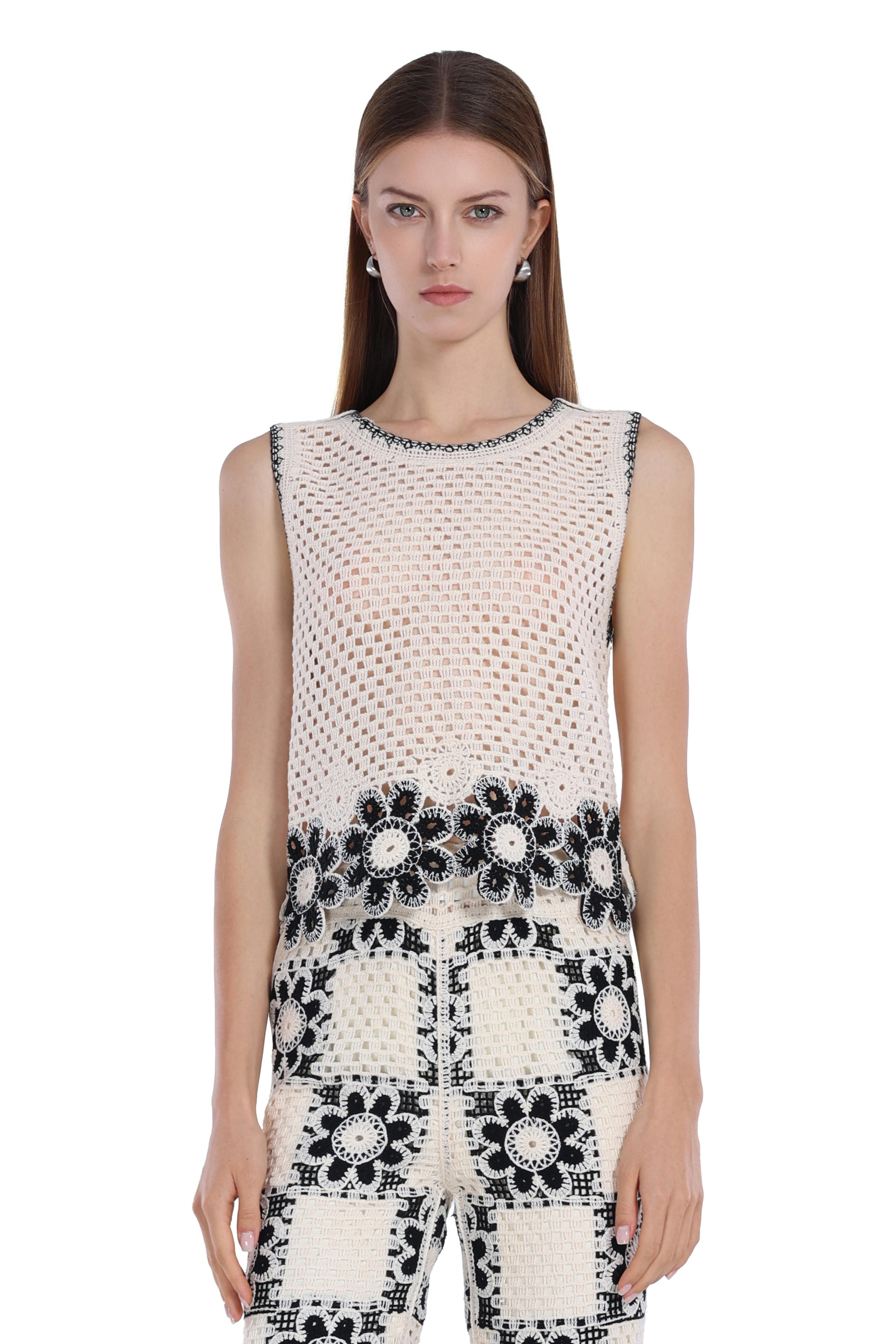 Crochet Hollow-out Floral Motif Sleeveless Vest & Matching Flare Pants 2Pics Suit