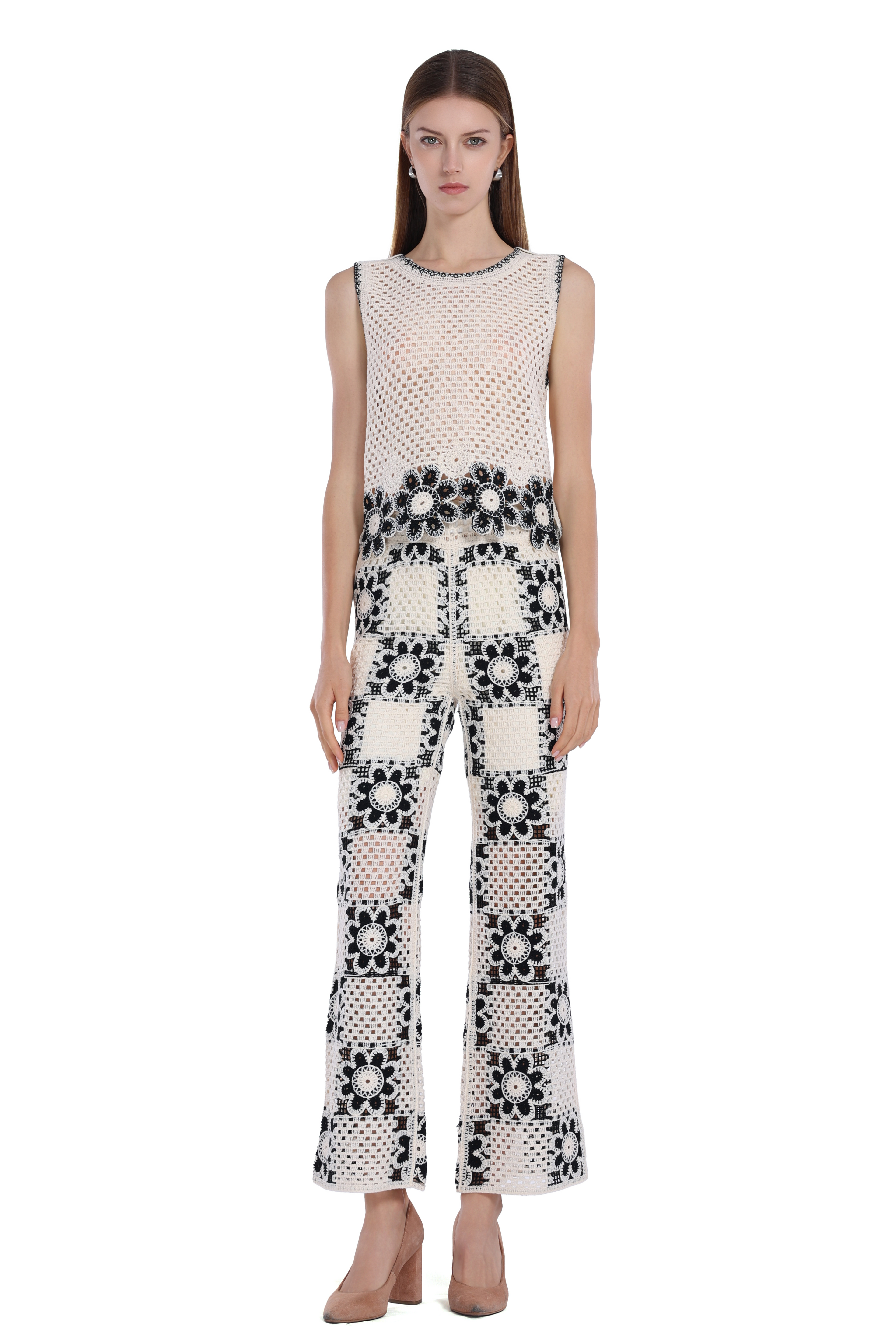 Crochet Hollow-out Floral Motif Sleeveless Vest & Matching Flare Pants 2Pics Suit