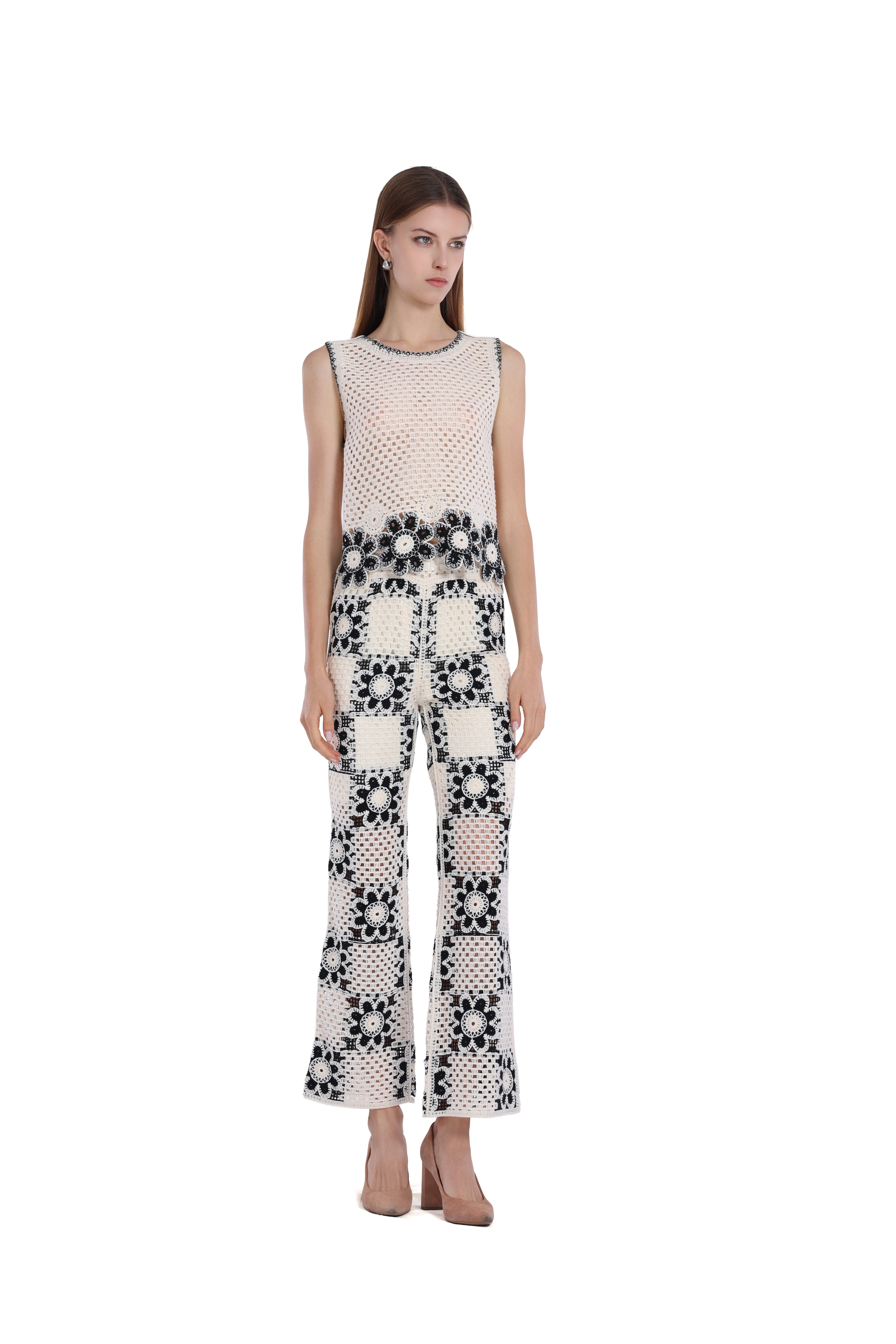 Crochet Hollow-out Floral Motif Sleeveless Vest & Matching Flare Pants 2Pics Suit