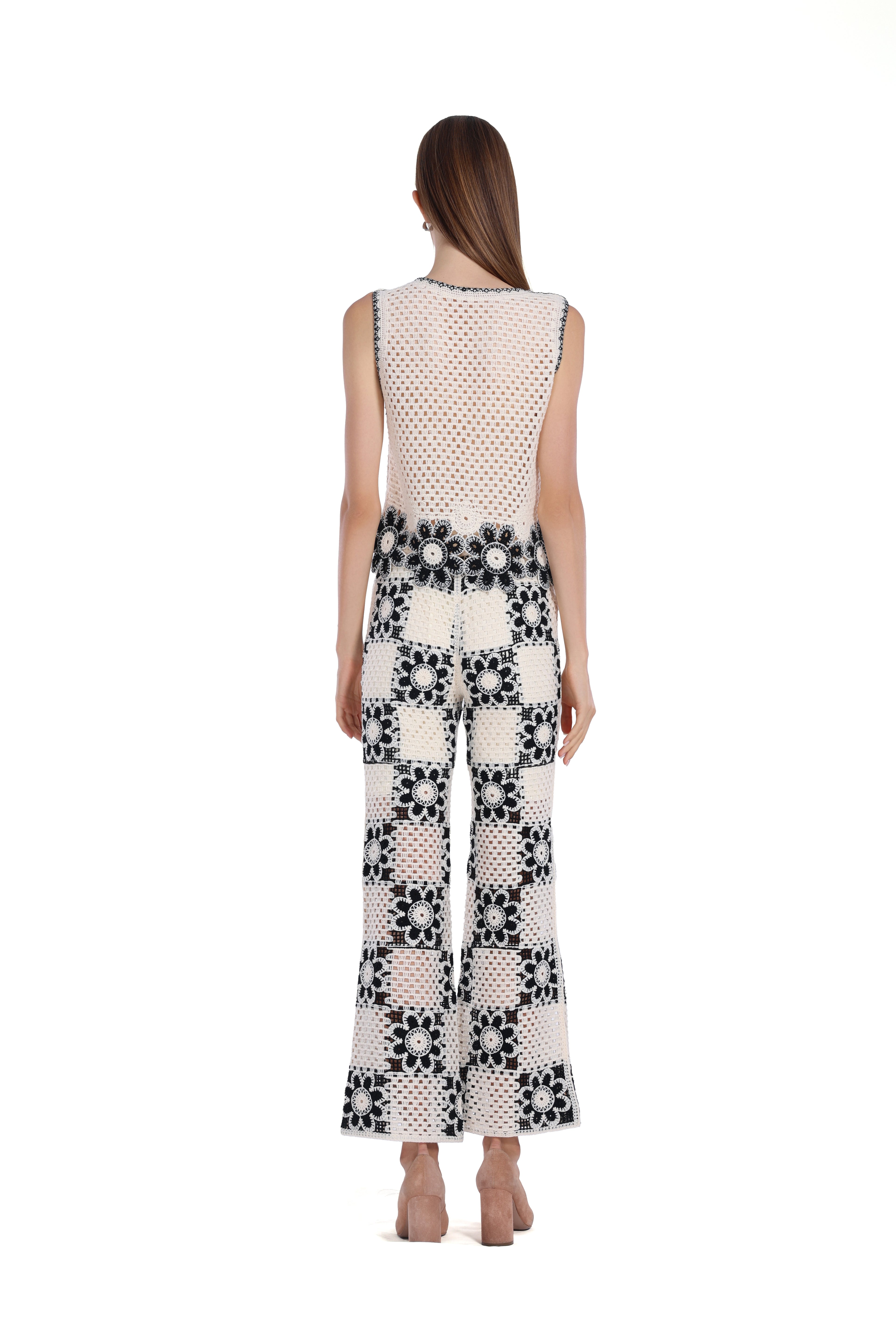 Crochet Hollow-out Floral Motif Sleeveless Vest & Matching Flare Pants 2Pics Suit