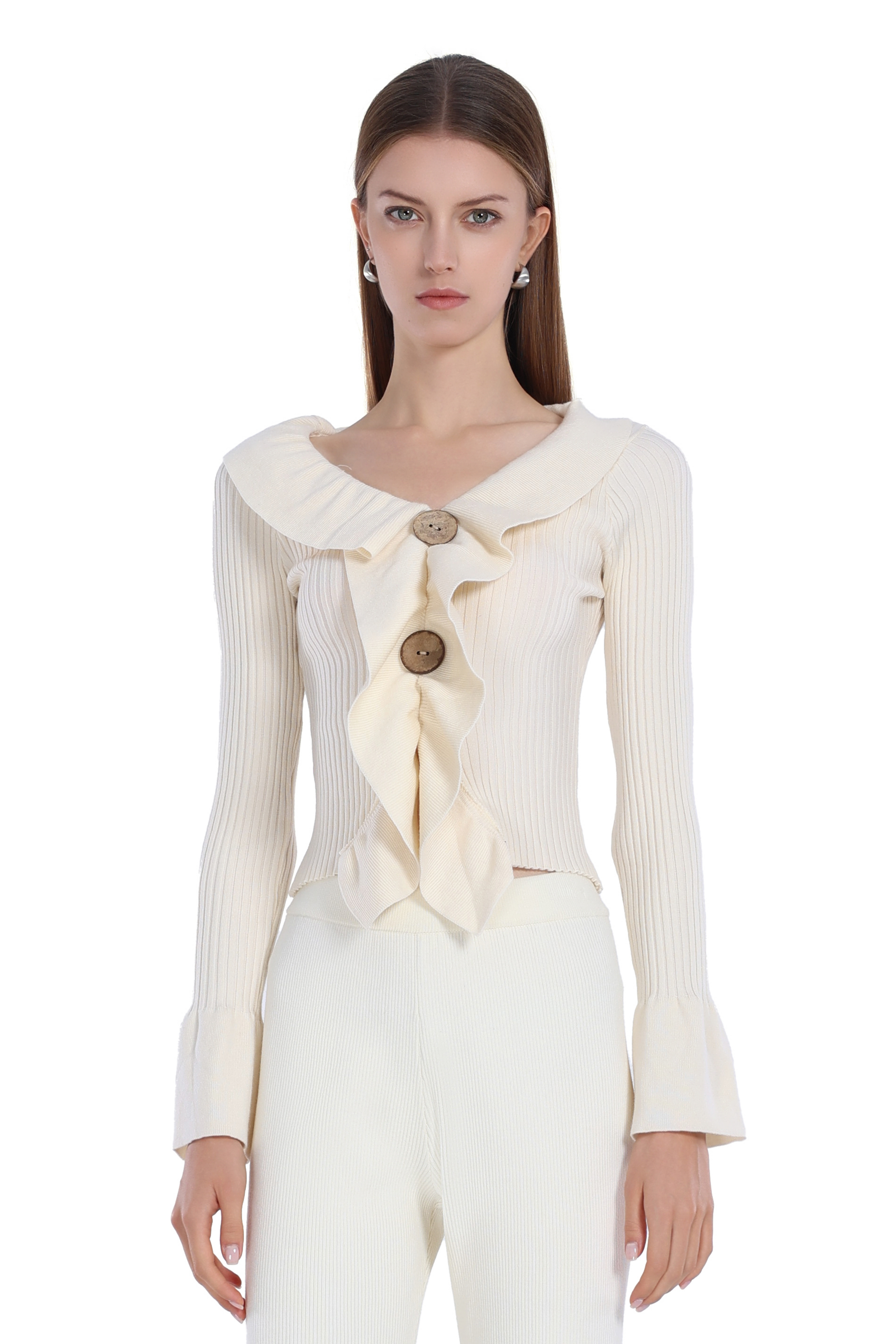 Ruffled V-neck Flare Long Sleeve Wooden Button Knitted Top