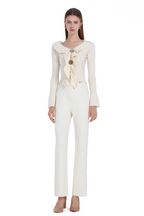 Ruffled V-neck Flare Long Sleeve Wooden Button Knitted Top