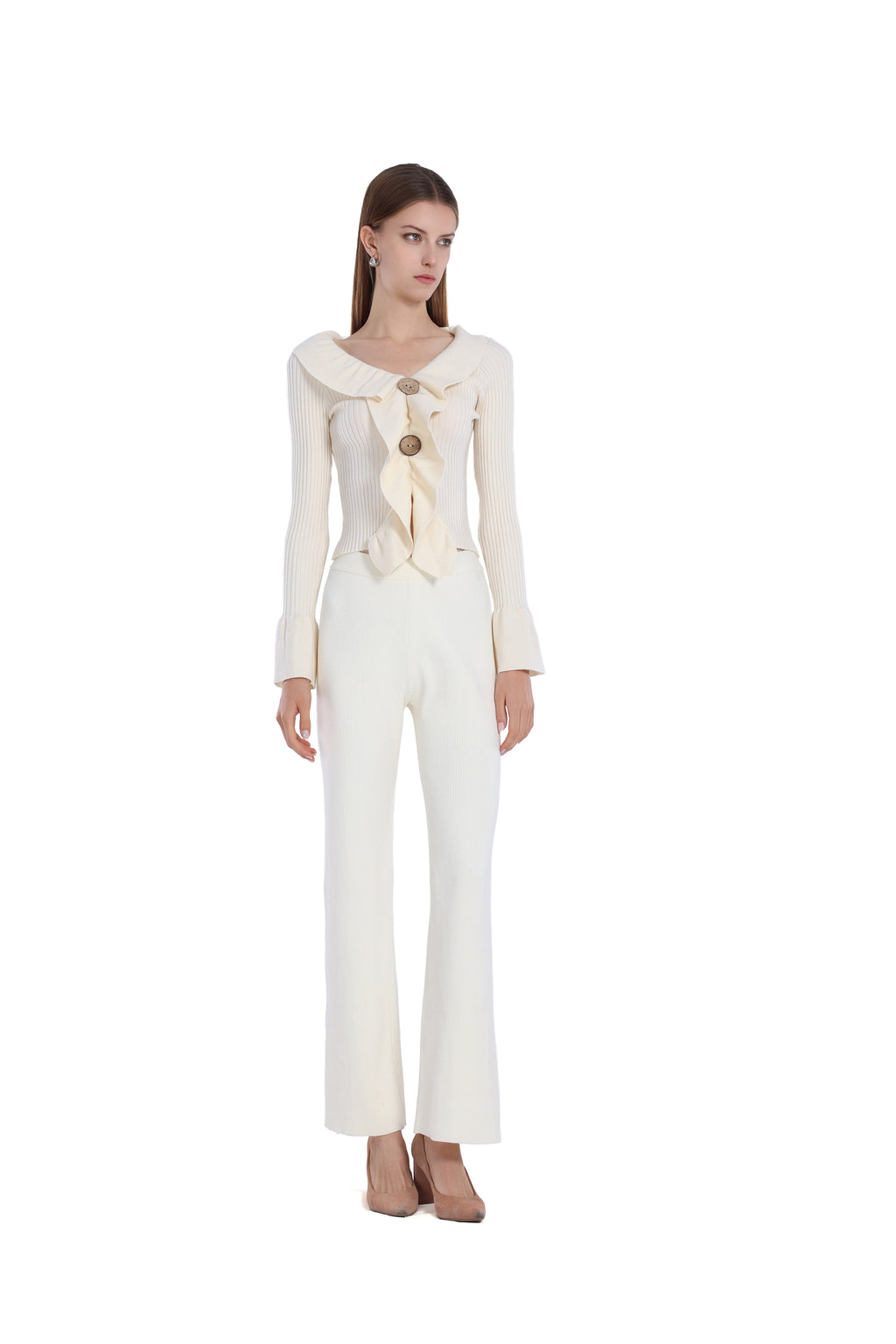 Ruffled V-neck Flare Long Sleeve Wooden Button Knitted Top