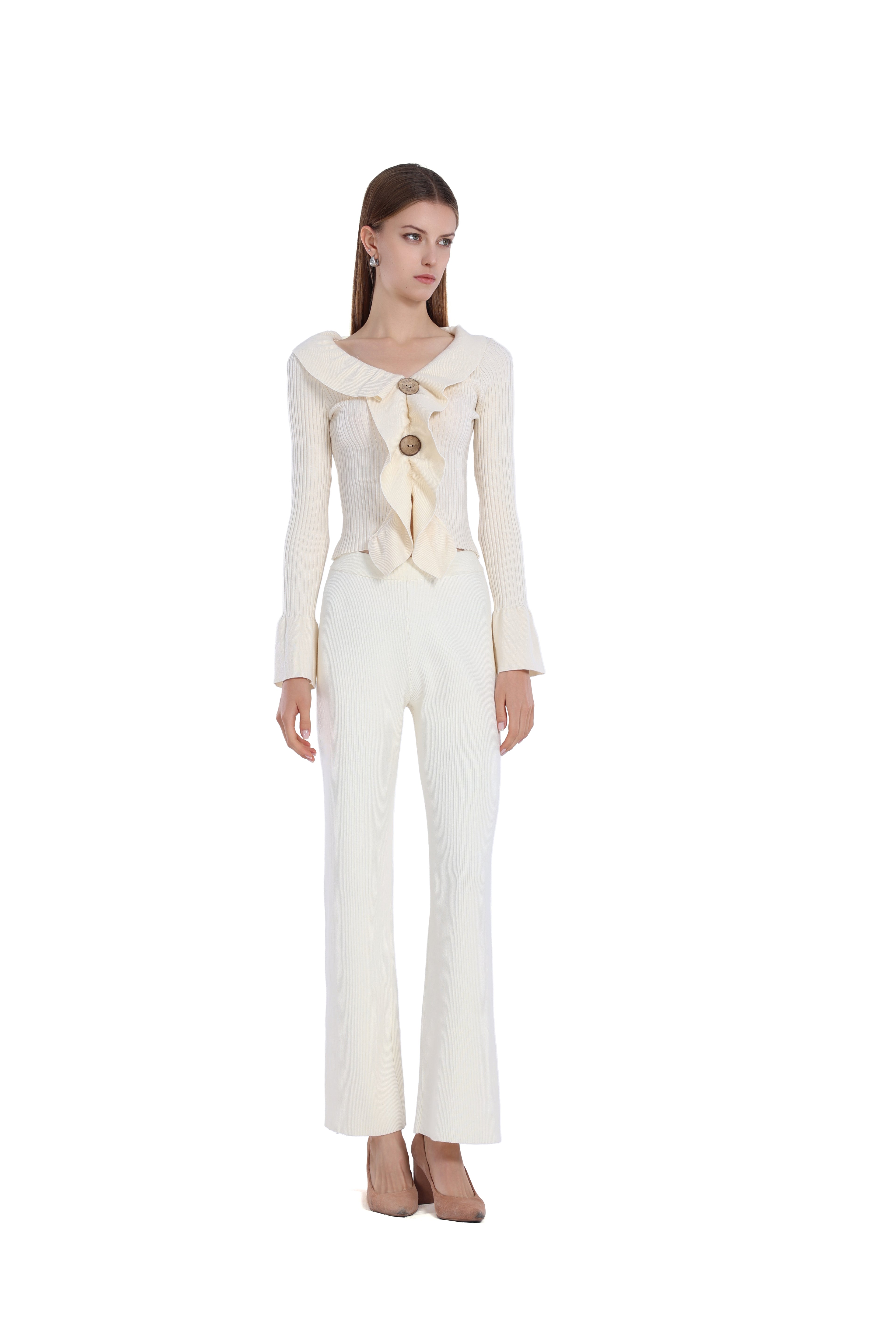 Ruffled V-neck Flare Long Sleeve Wooden Button Knitted Top