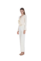 Ruffled V-neck Flare Long Sleeve Wooden Button Knitted Top
