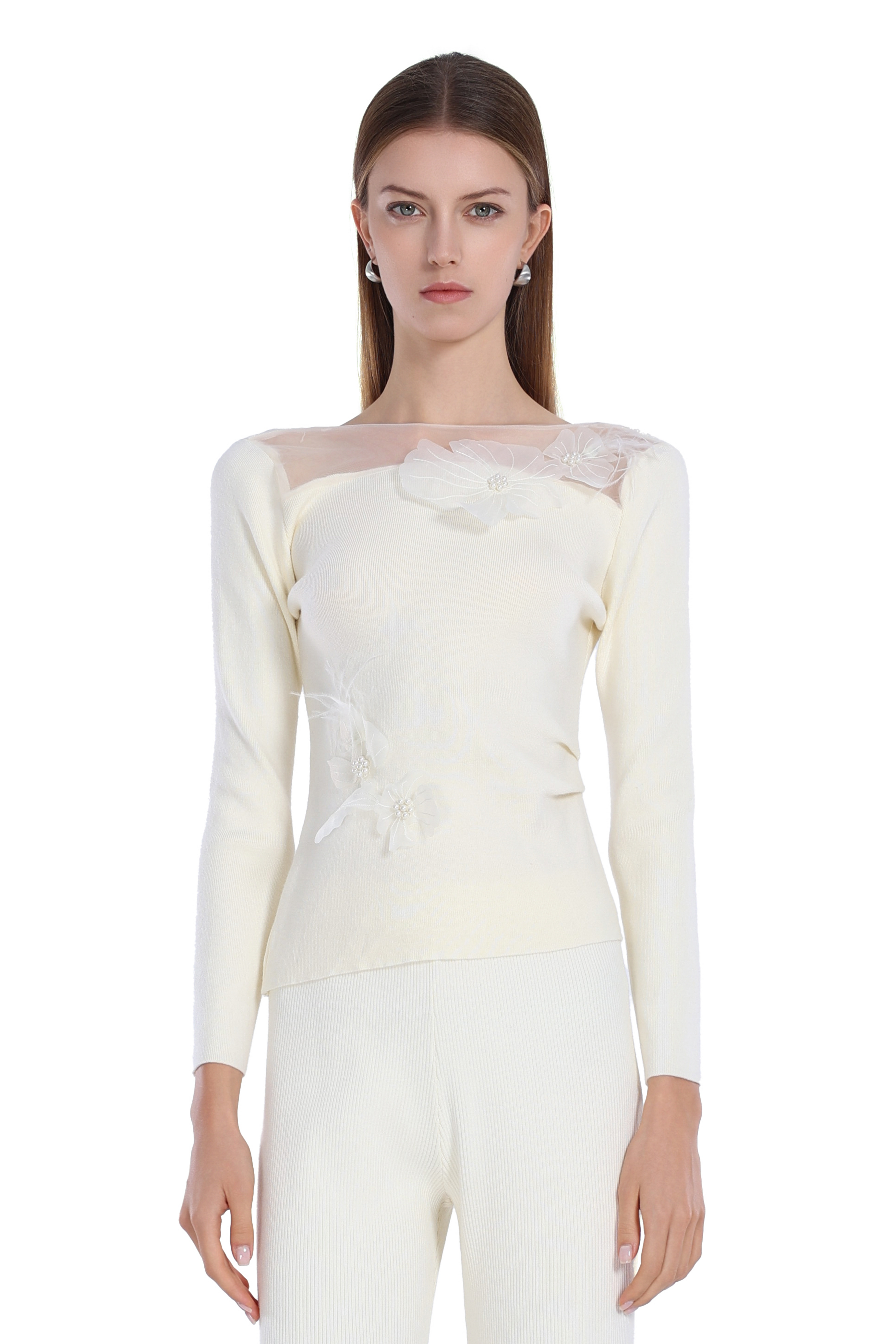 Mesh Splicing 3D Flower Decor Nipped Waist Elegant Knit Top