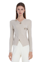 V-neck Long-sleeve Asymmetric Wooden Button Knitted Top