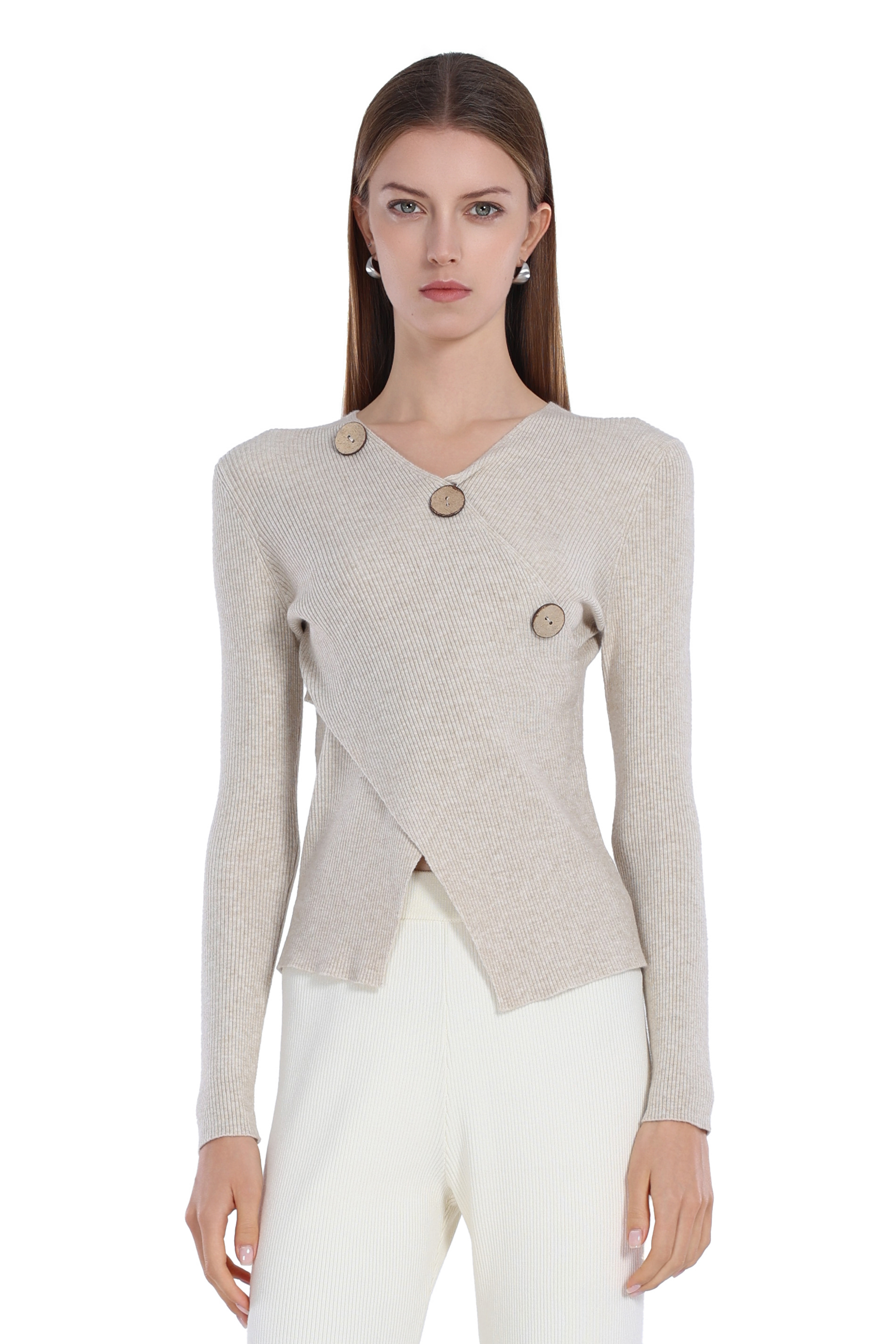 V-neck Long-sleeve Asymmetric Wooden Button Knitted Top