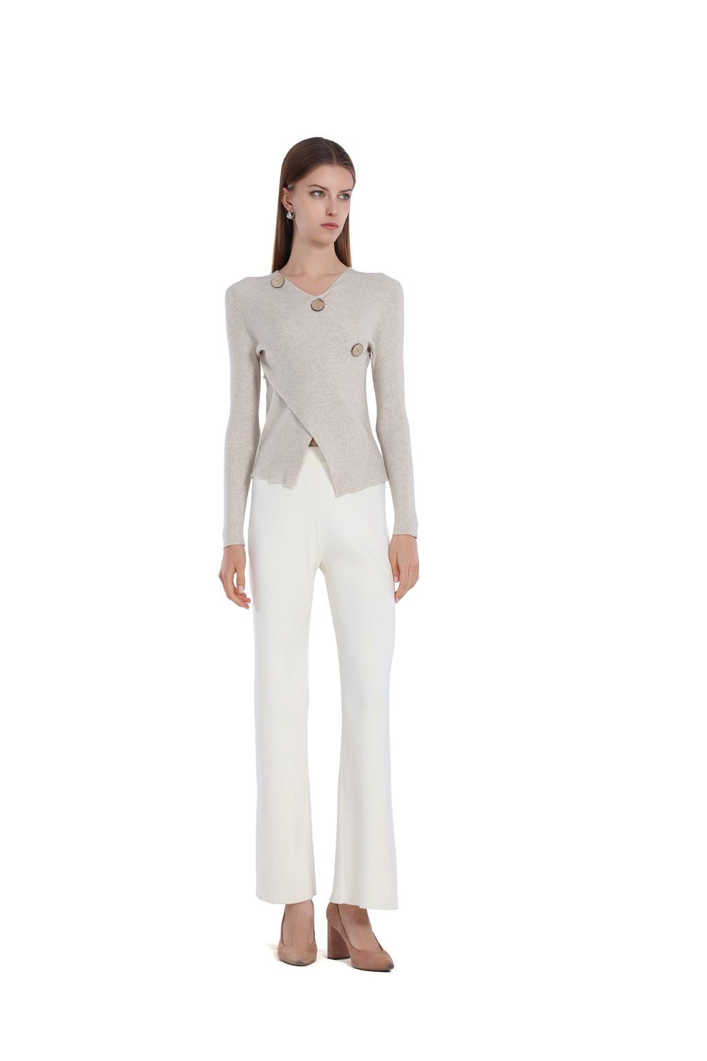 V-neck Long-sleeve Asymmetric Wooden Button Knitted Top