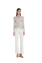 V-neck Long-sleeve Asymmetric Wooden Button Knitted Top