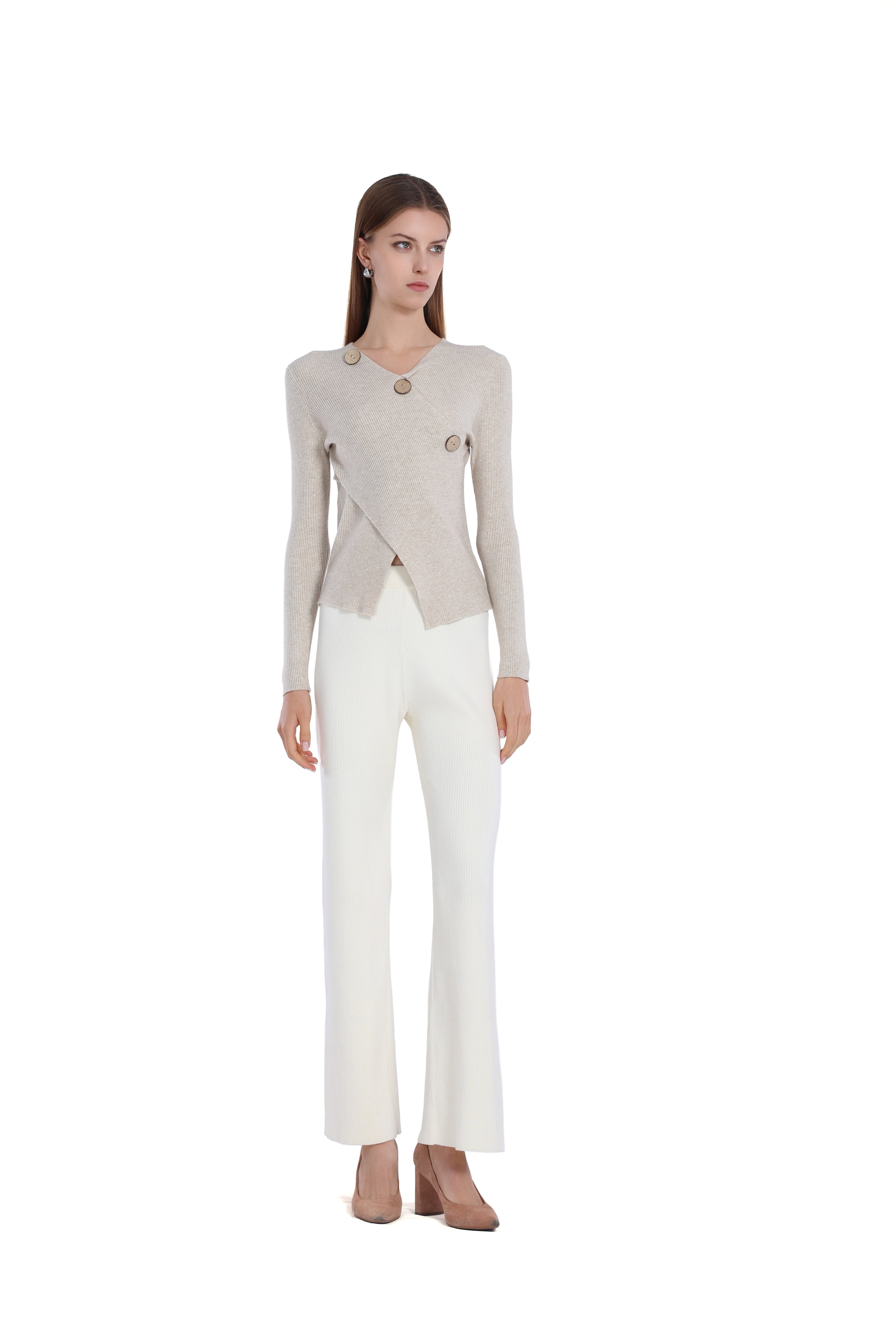 V-neck Long-sleeve Asymmetric Wooden Button Knitted Top