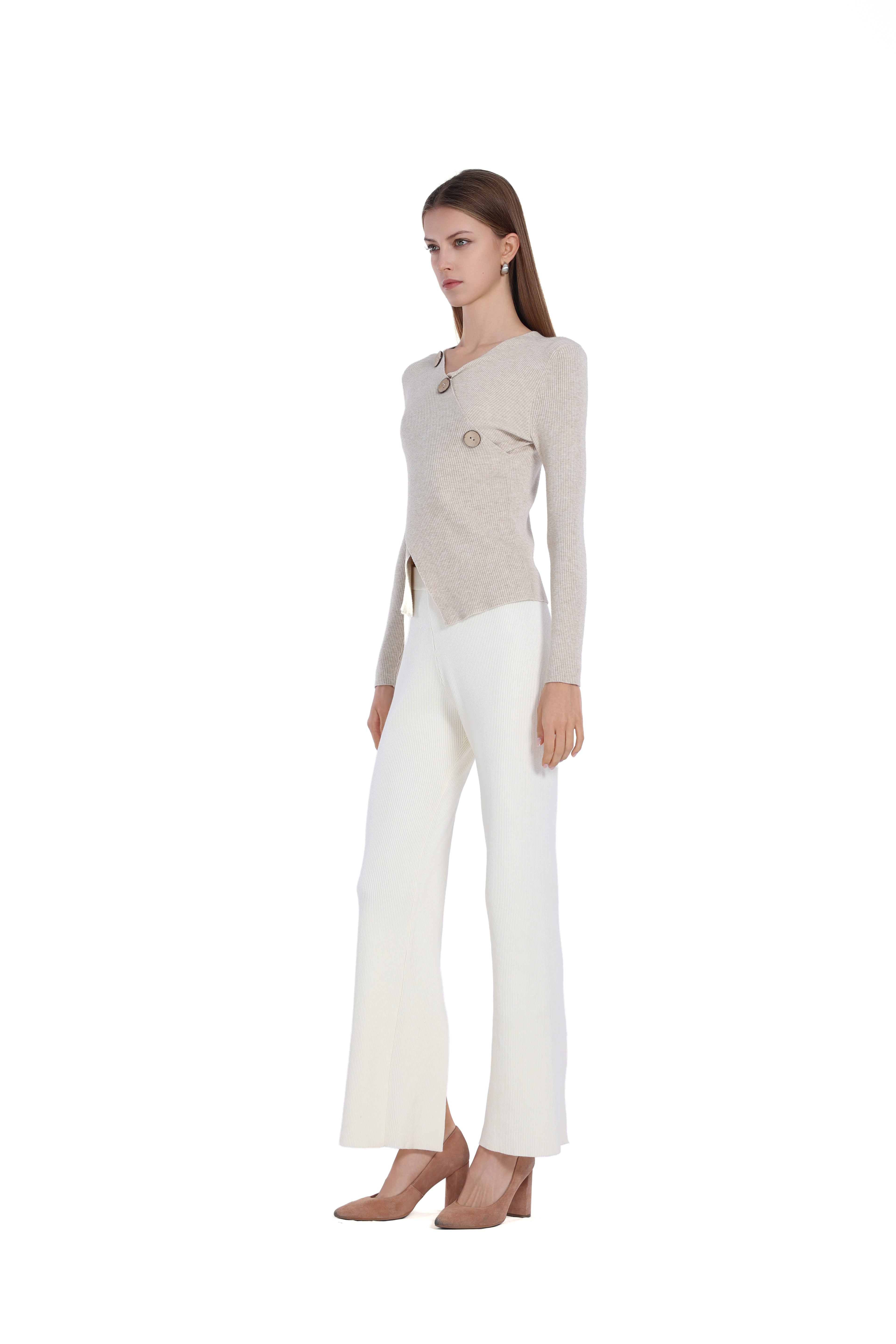 V-neck Long-sleeve Asymmetric Wooden Button Knitted Top