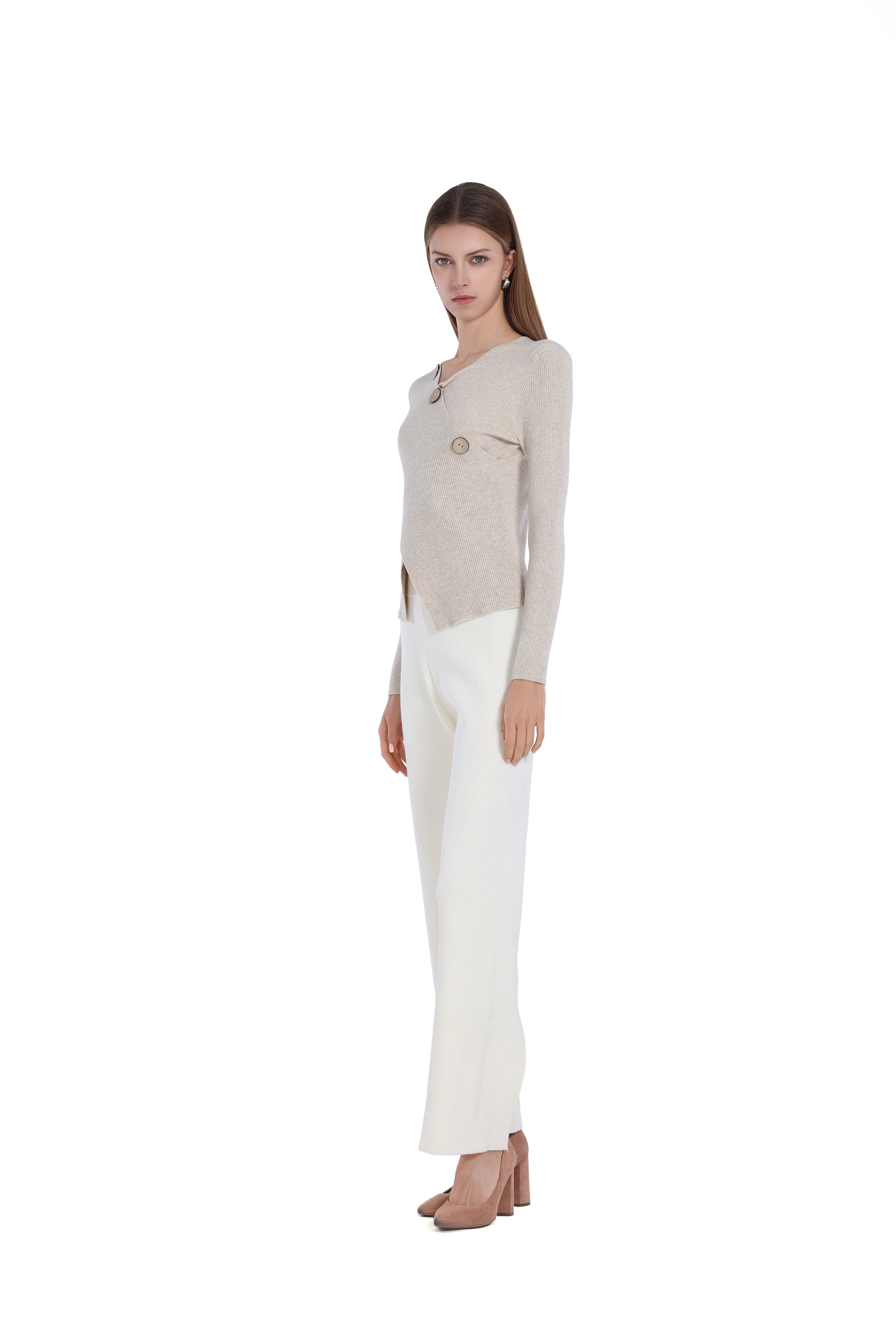V-neck Long-sleeve Asymmetric Wooden Button Knitted Top