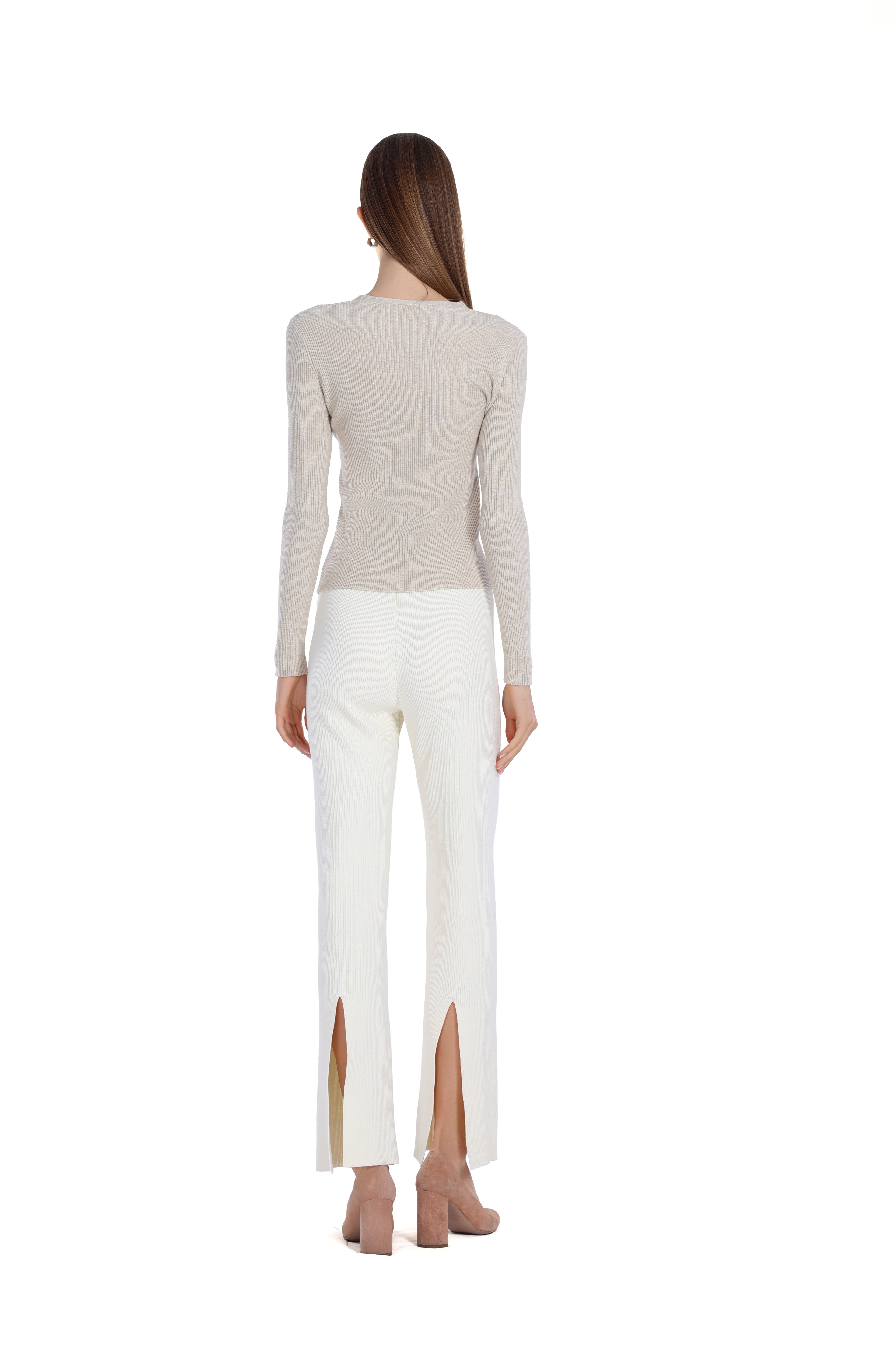 V-neck Long-sleeve Asymmetric Wooden Button Knitted Top