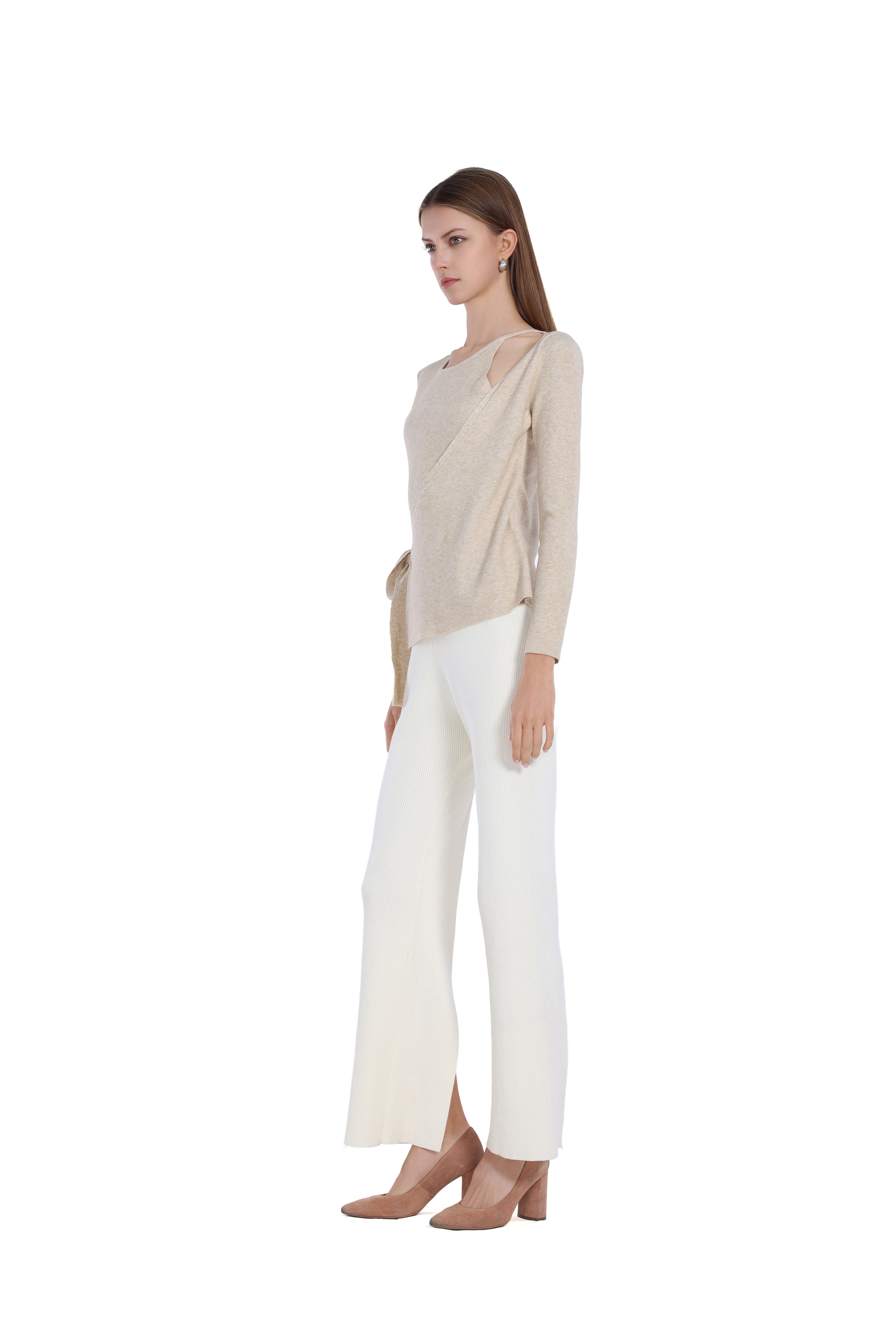 Asymmetric Cut-Out Bow Detail Long Sleeve Knitted Top