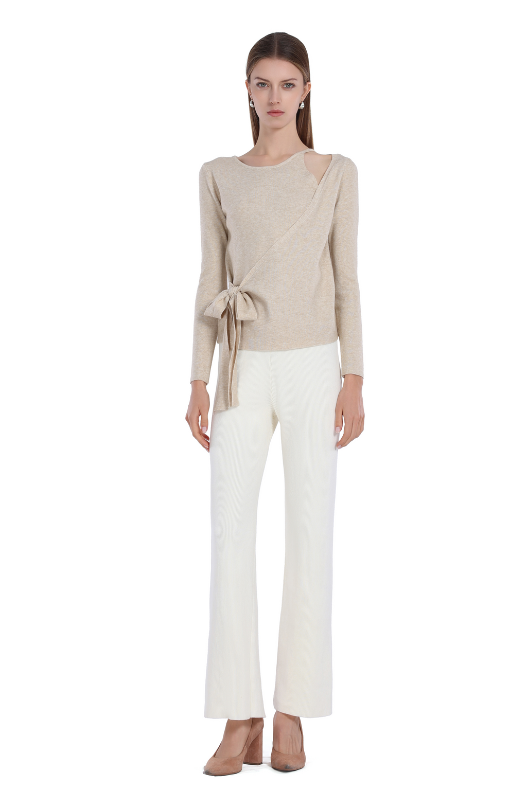 Asymmetric Cut-Out Bow Detail Long Sleeve Knitted Top