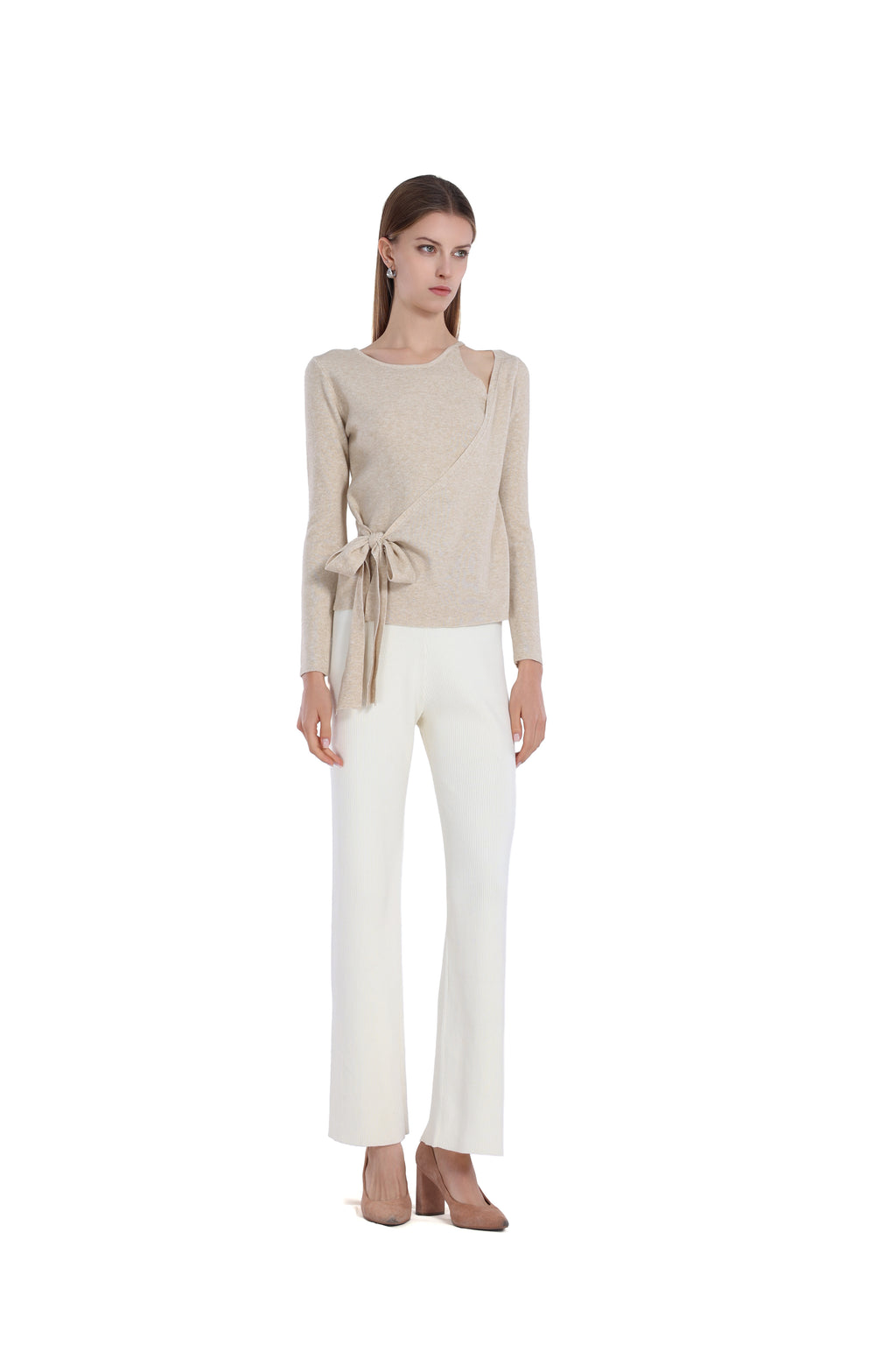 Asymmetric Cut-Out Bow Detail Long Sleeve Knitted Top