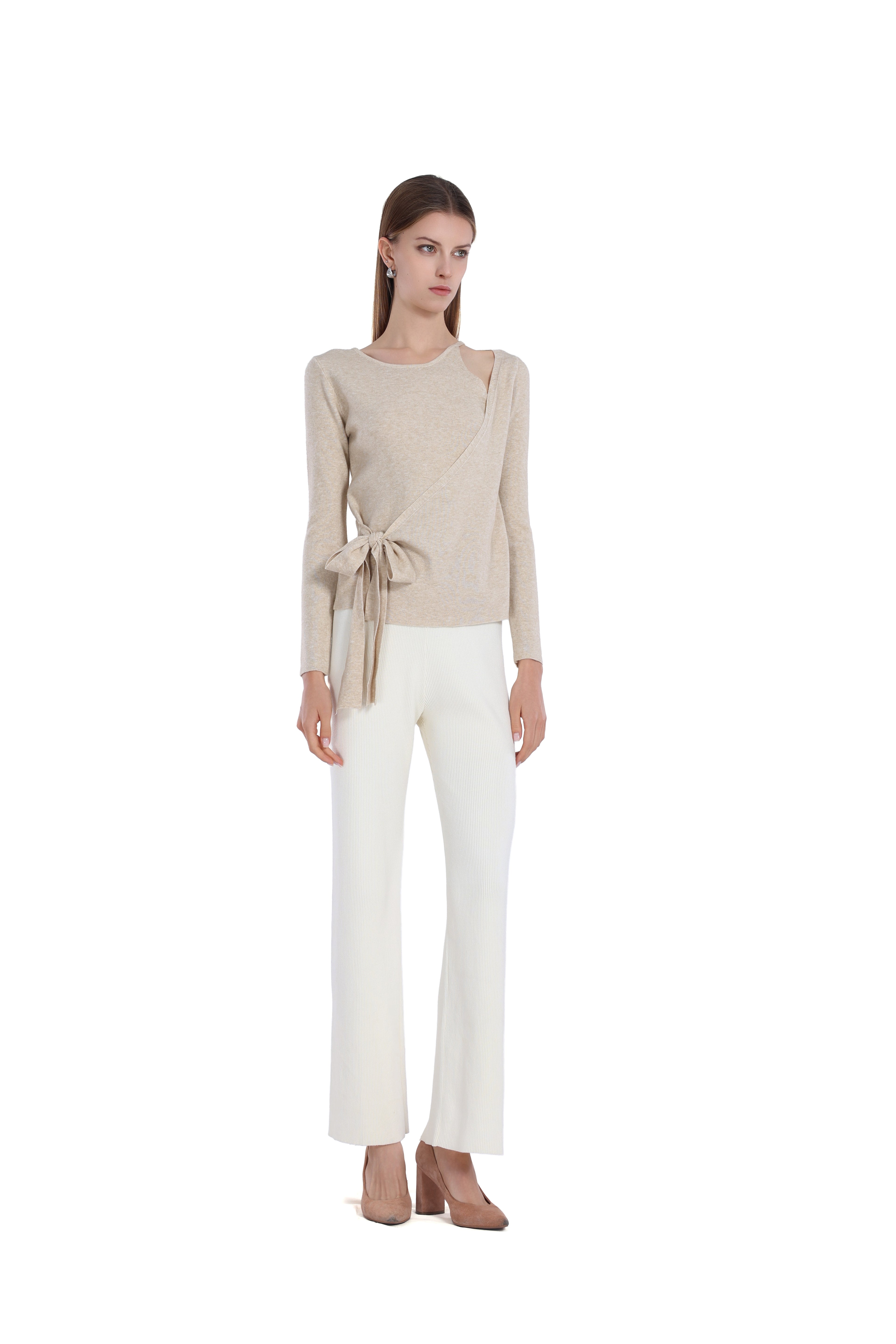 Asymmetric Cut-Out Bow Detail Long Sleeve Knitted Top