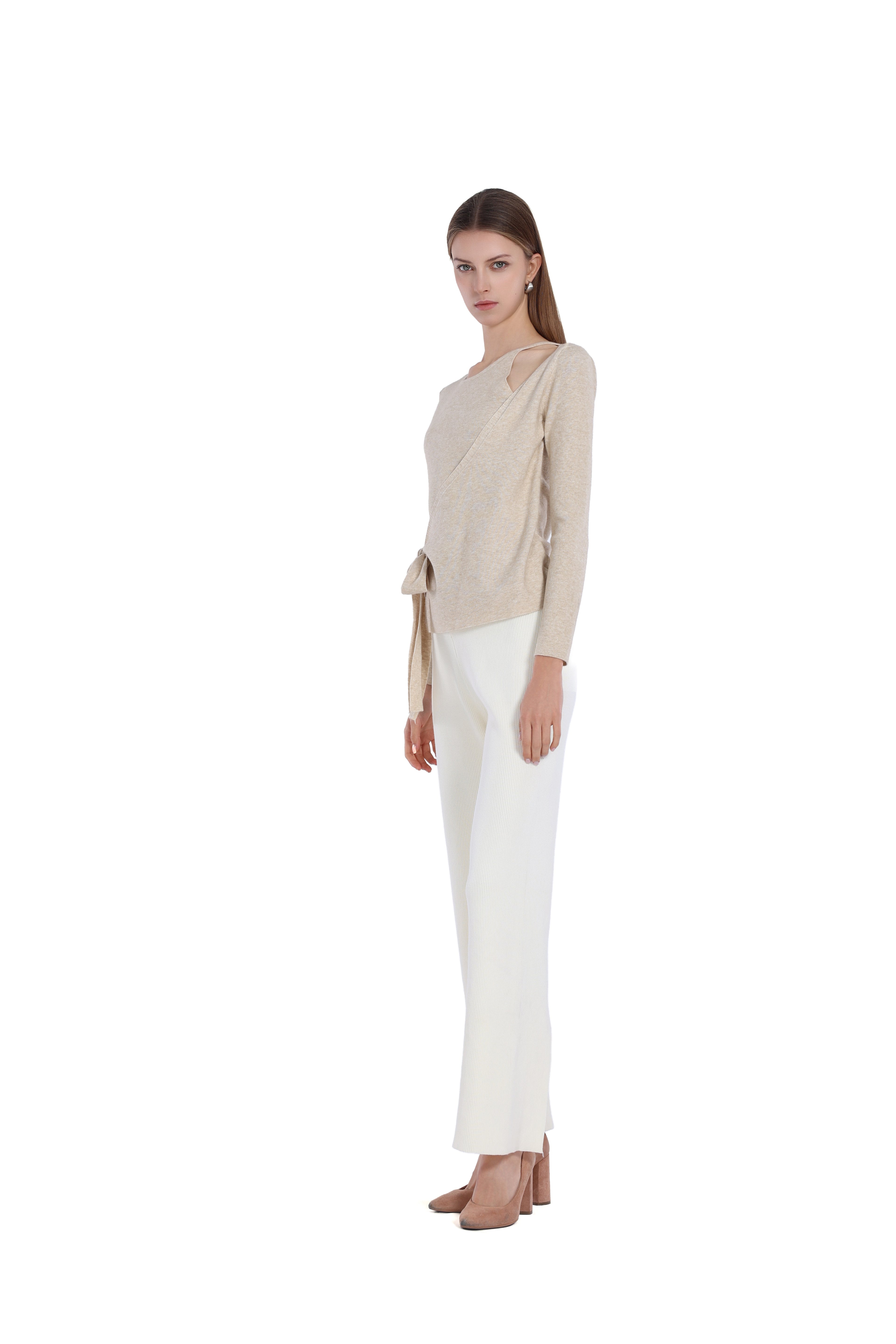 Asymmetric Cut-Out Bow Detail Long Sleeve Knitted Top