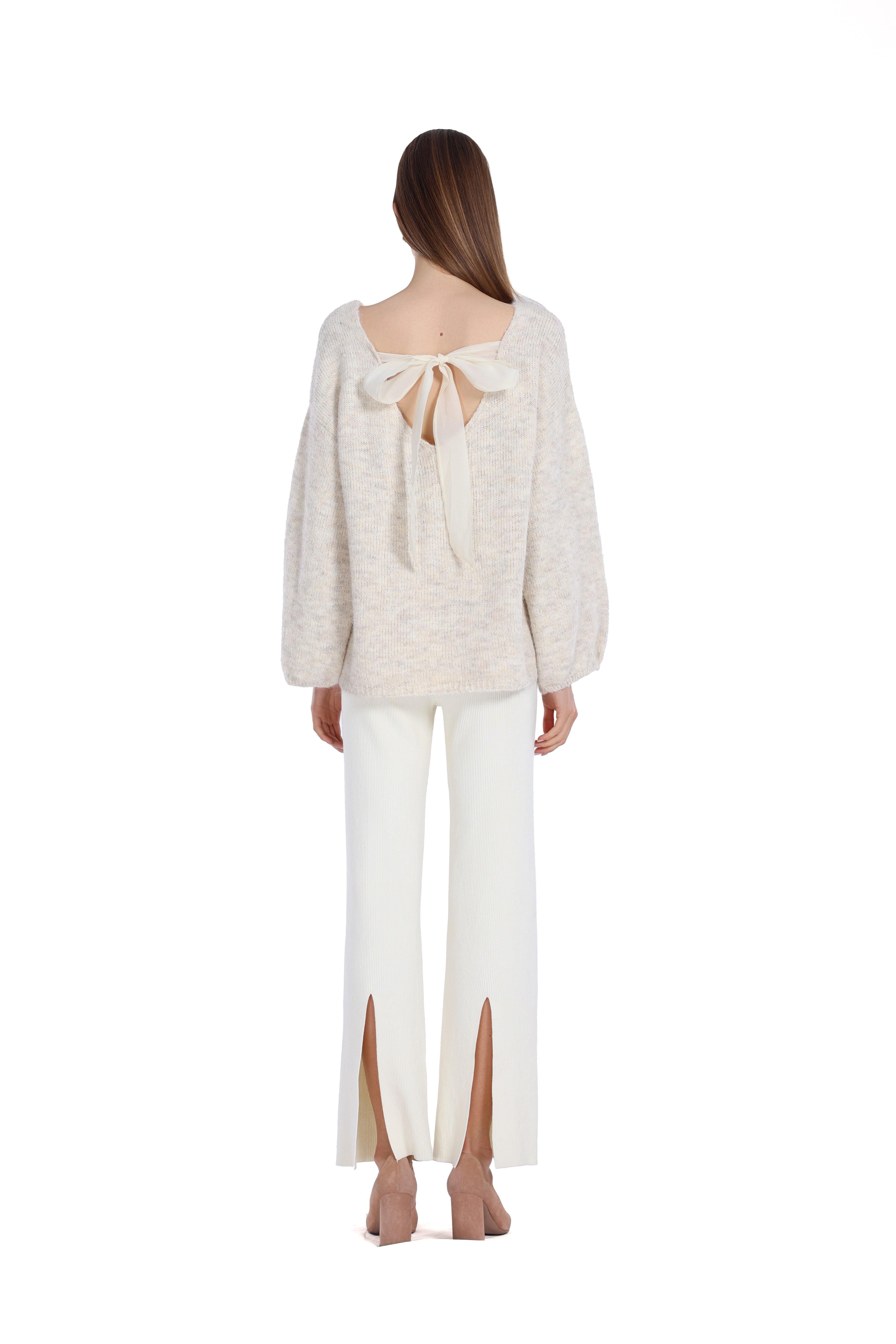 Back Lacing Drop Shoulder Lantern Sleeve Lazy Chic Knit Sweater